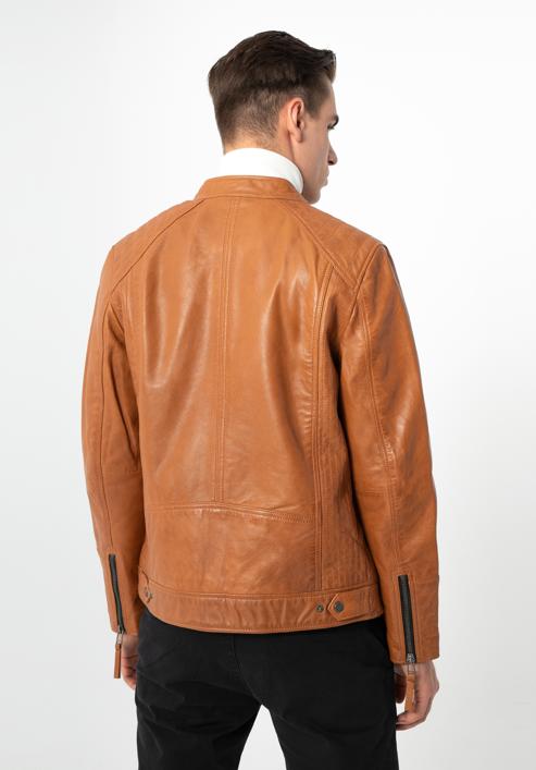 Pánská kožená bunda s vertikálním prošíváním a stojáčkem, hnědá, 97-09-253-5-S, Obrázek 5