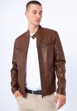 Pánská kožená bunda se stojáčkem na knoflíky a prošíváním, hnědá, 97-09-850-5-S, Obrázek 1