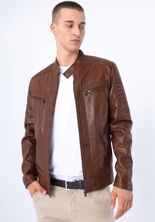 Pánská kožená bunda se stojáčkem na knoflíky a prošíváním, hnědá, 97-09-850-4-XL, Obrázek 16