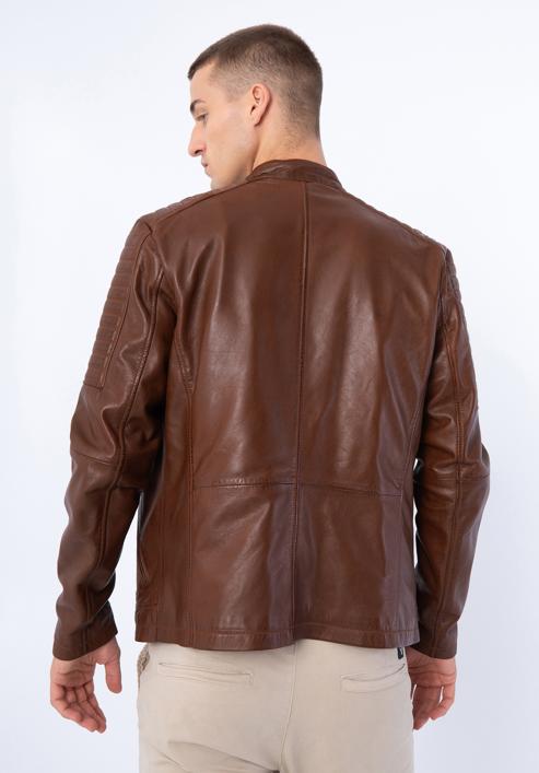 Pánská kožená bunda se stojáčkem na knoflíky a prošíváním, hnědá, 97-09-850-4-L, Obrázek 18