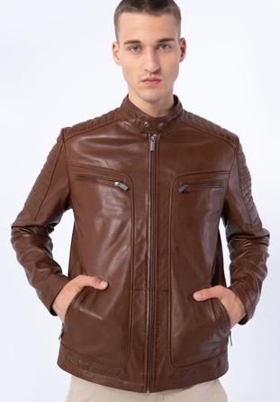 Pánská kožená bunda se stojáčkem na knoflíky a prošíváním, hnědá, 97-09-850-5-3XL, Obrázek 1