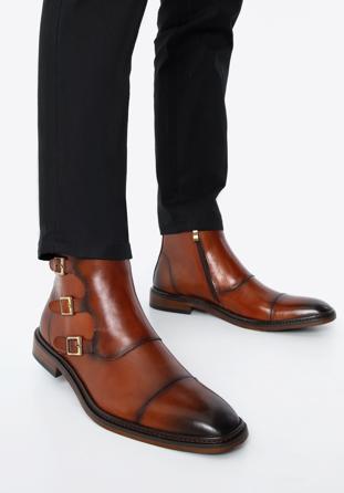 Pánské kožené kotníkové boty s přezkami, hnědá, 97-M-509-5-44, Obrázek 1