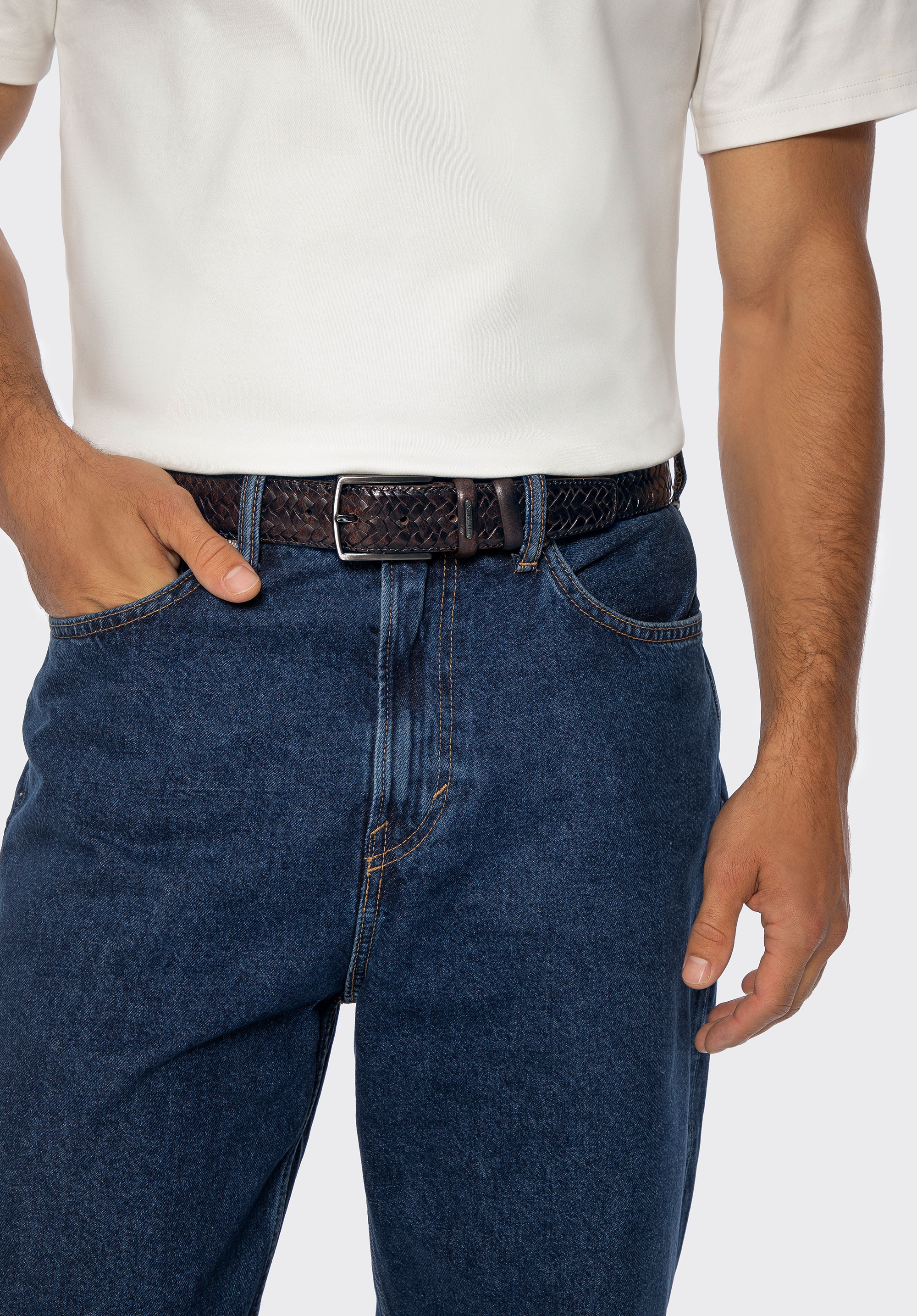 Pánský kožený opasek s efektem pletení, hnědá, 101-8M-202-4-XL, Obrázek 1