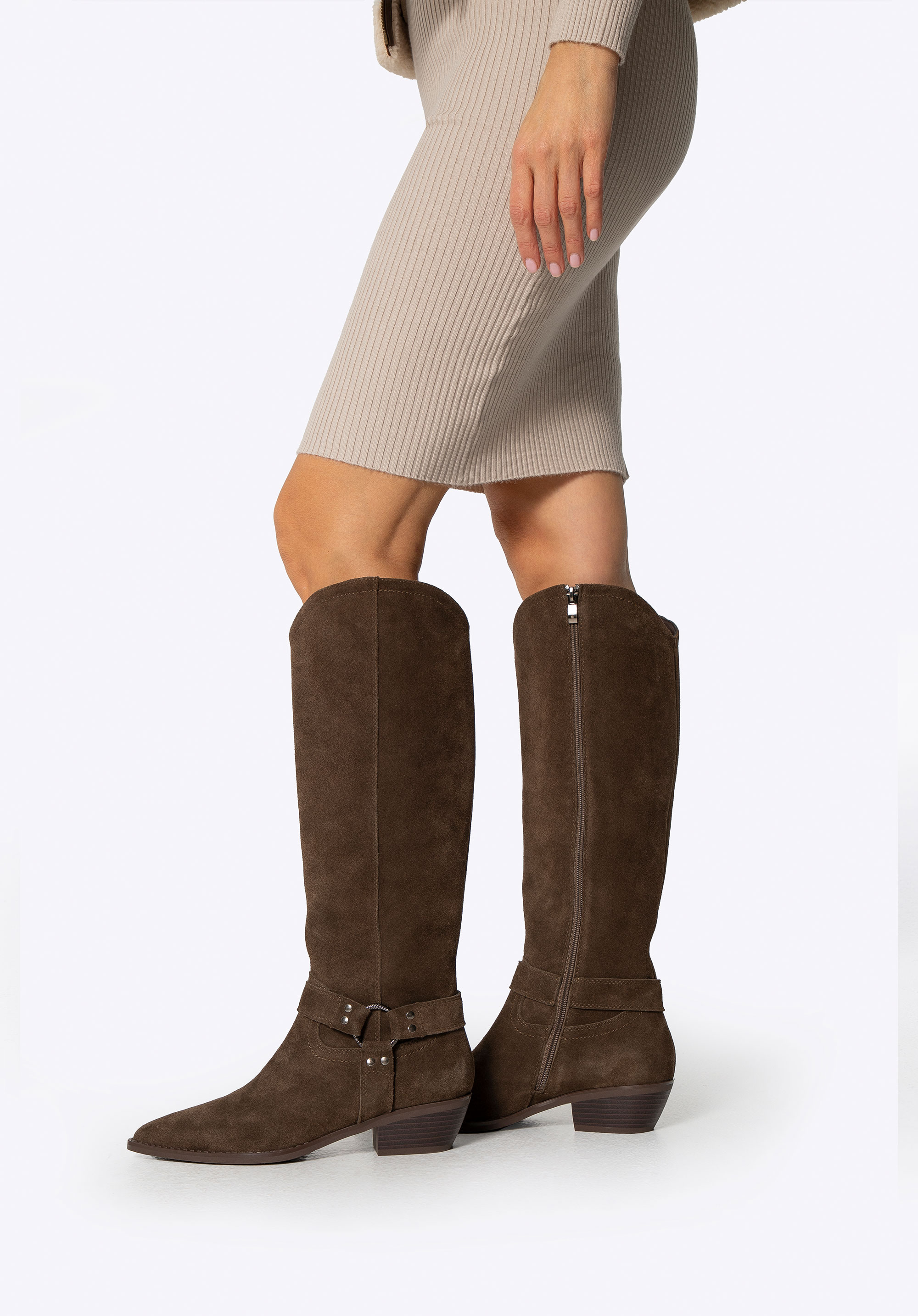 Vysoké semišové kovbojské boty, hnědá, 101-D-962-4-37, Obrázek 1