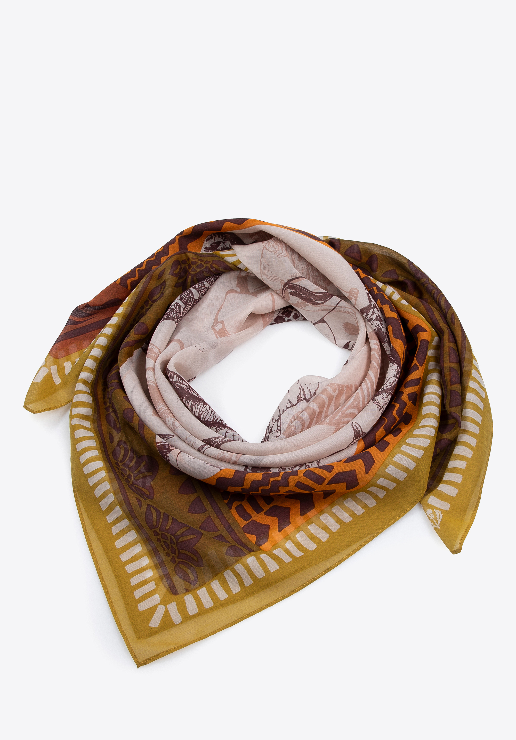 Dámský vzorovaný hedvábný šátek, hnědo-béžová, 98-7D-S96-X5, Obrázek 1