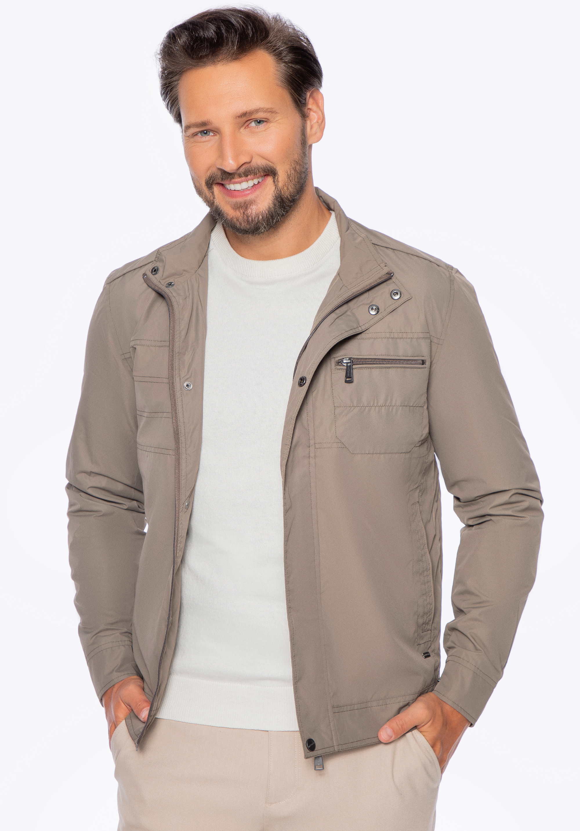 Geacă de vânt pentru bărbați cu fermoar ascuns, kaki, 92-9N-450-Z-S, Fotografie 1