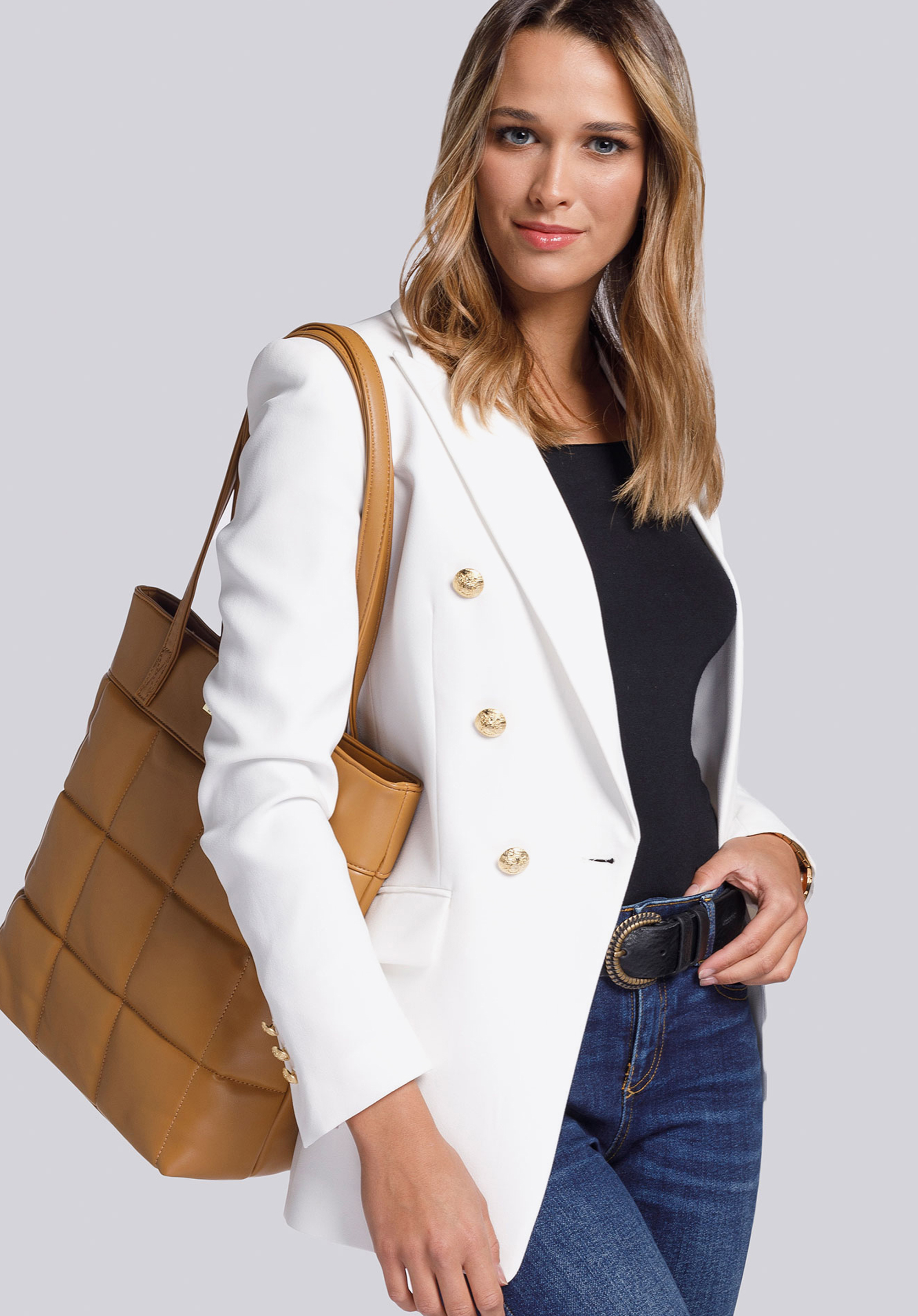 Shopper-Tasche mit Steppung auf der Vorderseite, Kamel, 93-4Y-407-5, Bild 1
