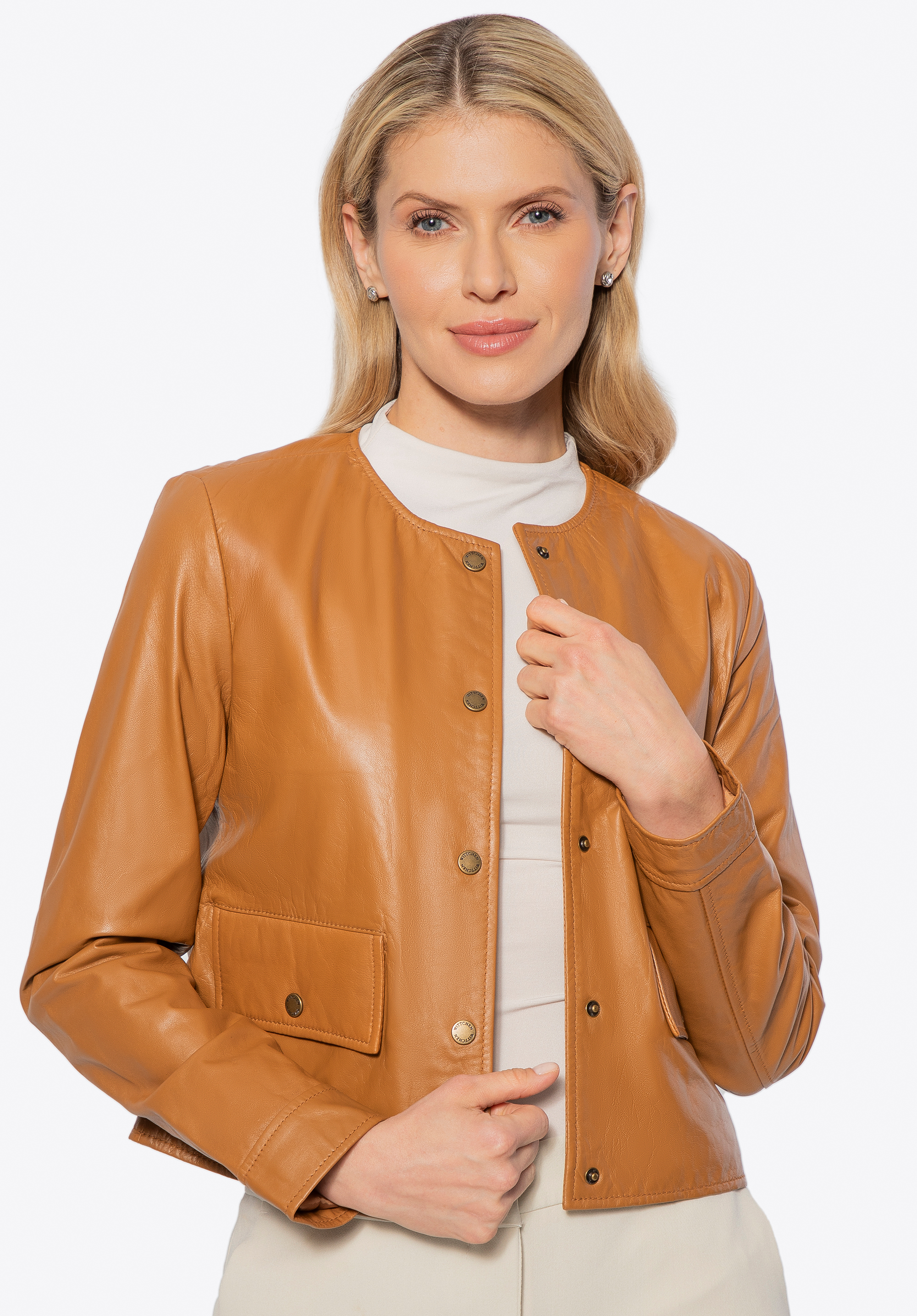 Gerade geschnittene Lederjacke für Damen, Karmell, 100-09-802-5-2XL, Bild 1