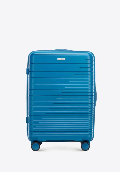 Közepes bőrönd polipropilénből fényes csíkokkal, kék, 56-3T-162-89, Fénykép 1