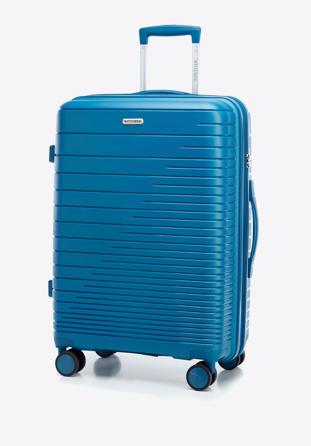 Közepes bőrönd polipropilénből fényes csíkokkal, kék, 56-3T-162-95, Fénykép 1