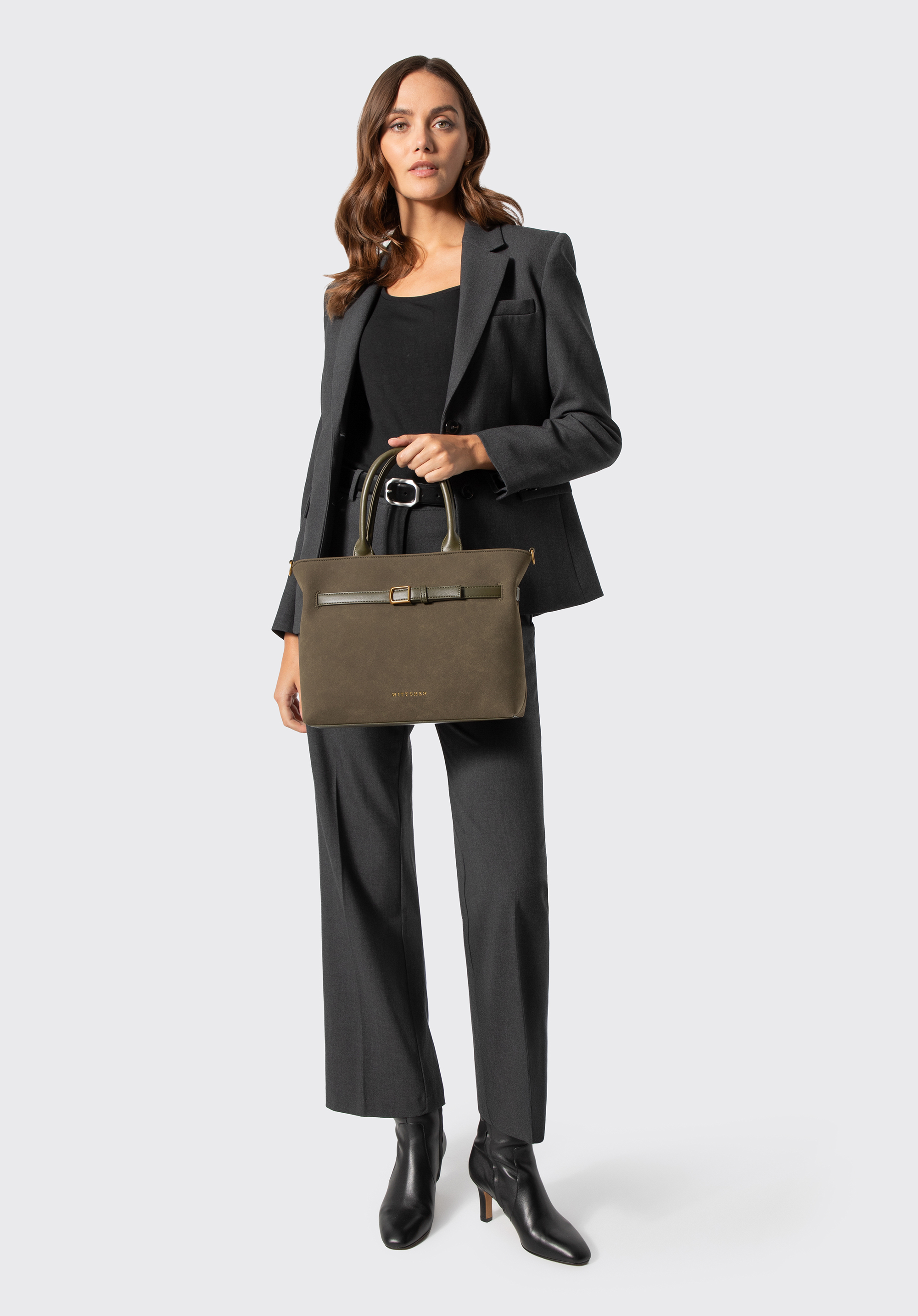 Damen-Einkaufstasche mit dekorativem Riemen, khaki, 103-4Y-503-Z, Bild 1