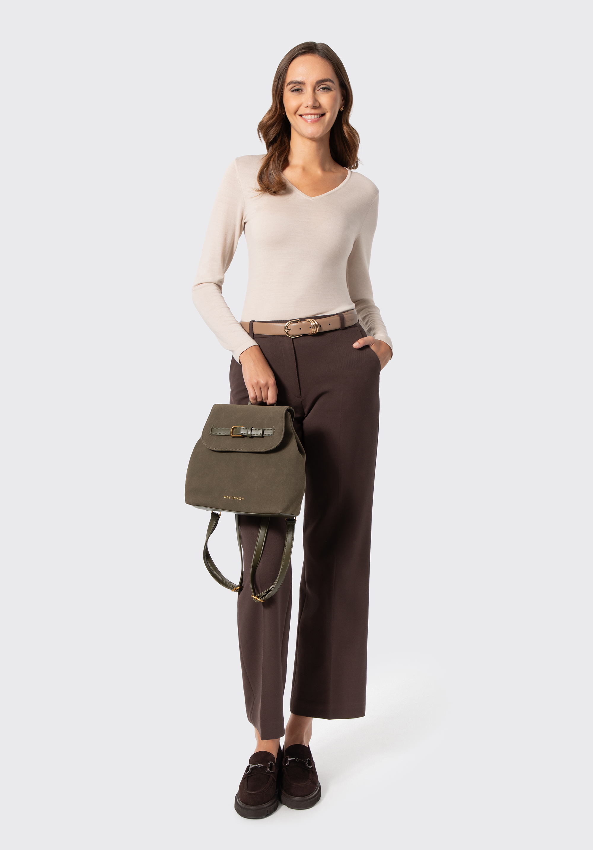 Eleganter Damen-Rucksack mit Überschlagklappe, khaki, 103-4Y-502-Z, Bild 1