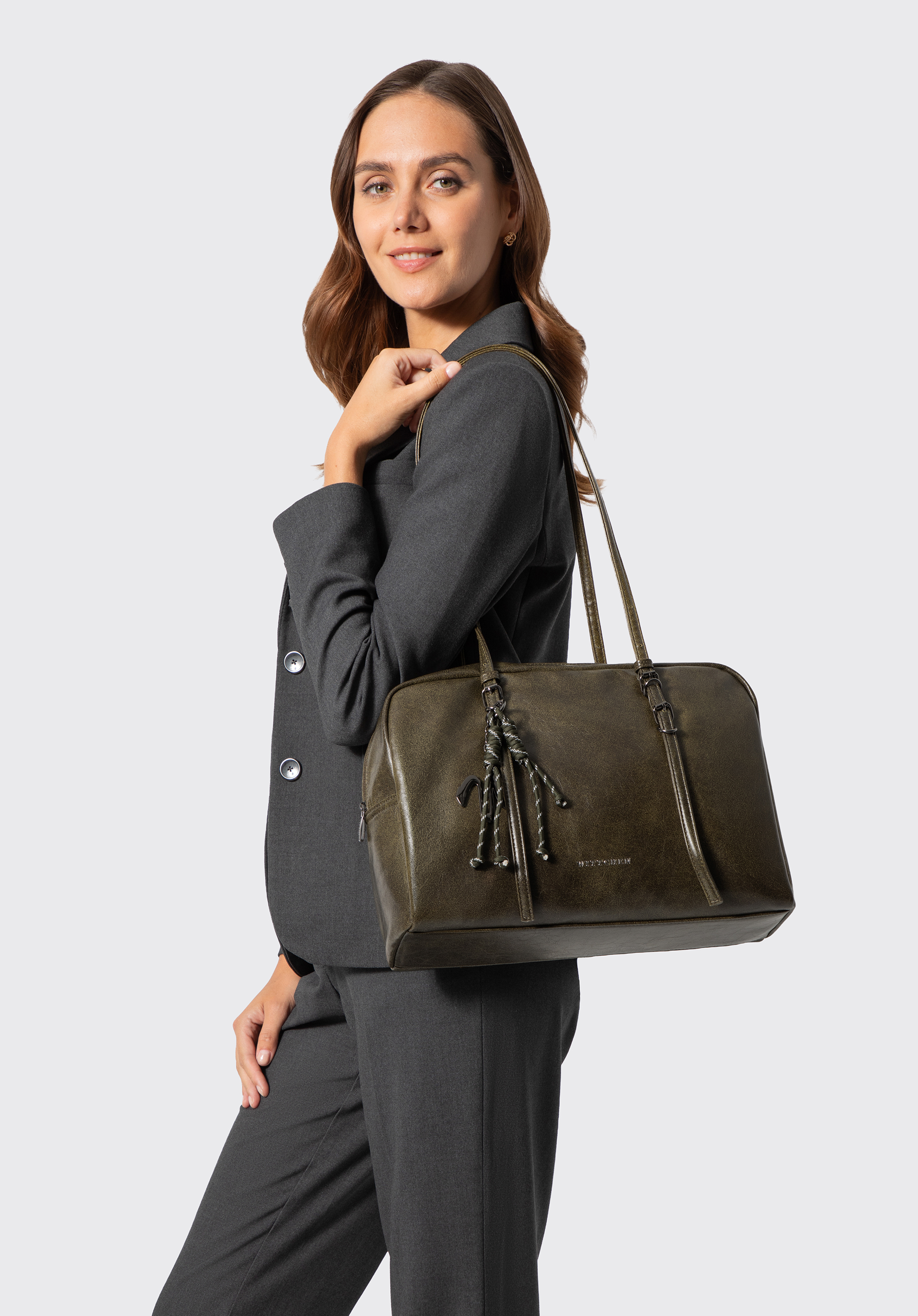 Große Damen-Einkaufstasche mit dekorativem Anhänger, khaki, 103-4Y-508-Z, Bild 1