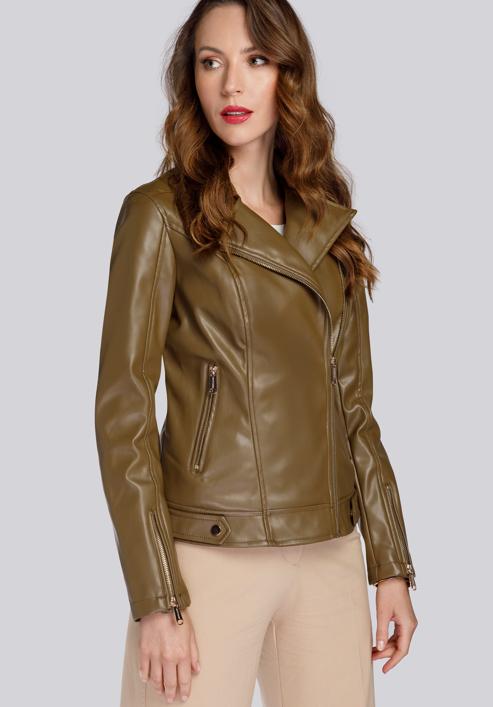 Puha ökobőrből készült rövid női kabát, khaki, 93-9P-109-Z-XL, Fénykép 2