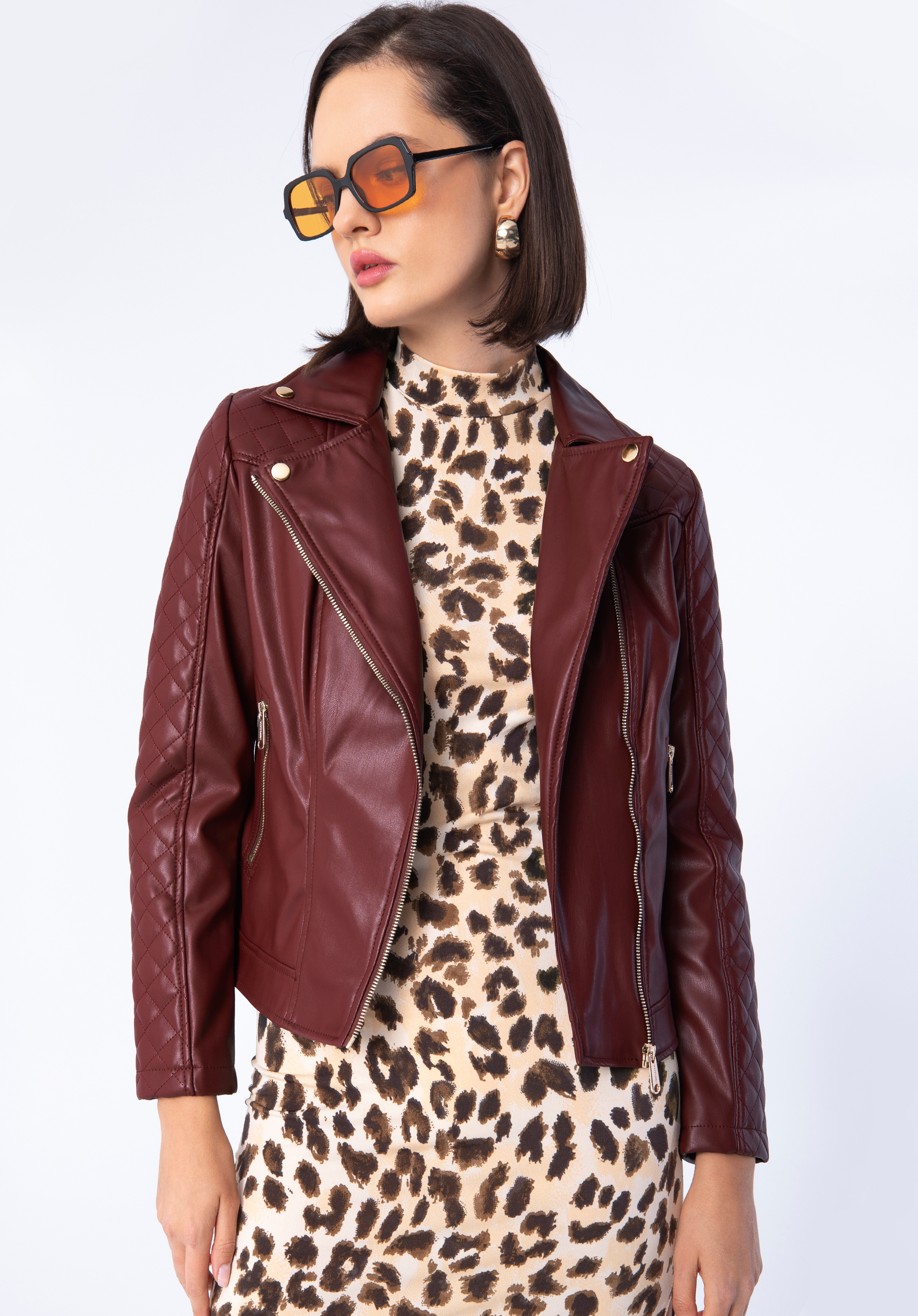 Ramones-Jacke für Damen aus Öko-Leder mit gesteppten Einsätzen, kirschrot, 97-9P-102-3-M, Bild 1