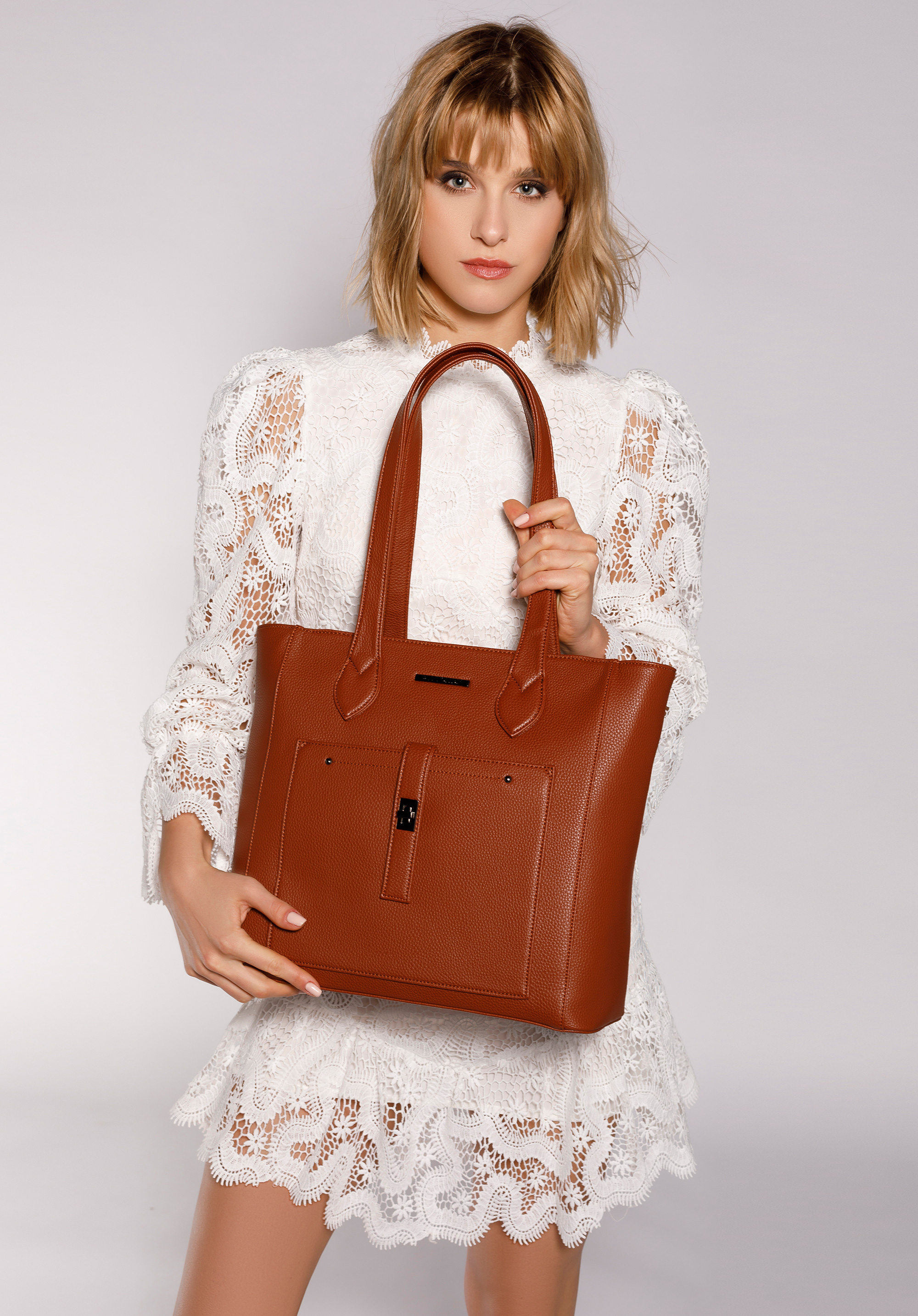 Klassische Shopper-Tasche mit Fronttasche, Kognak, 29-4Y-002-B5, Bild 1