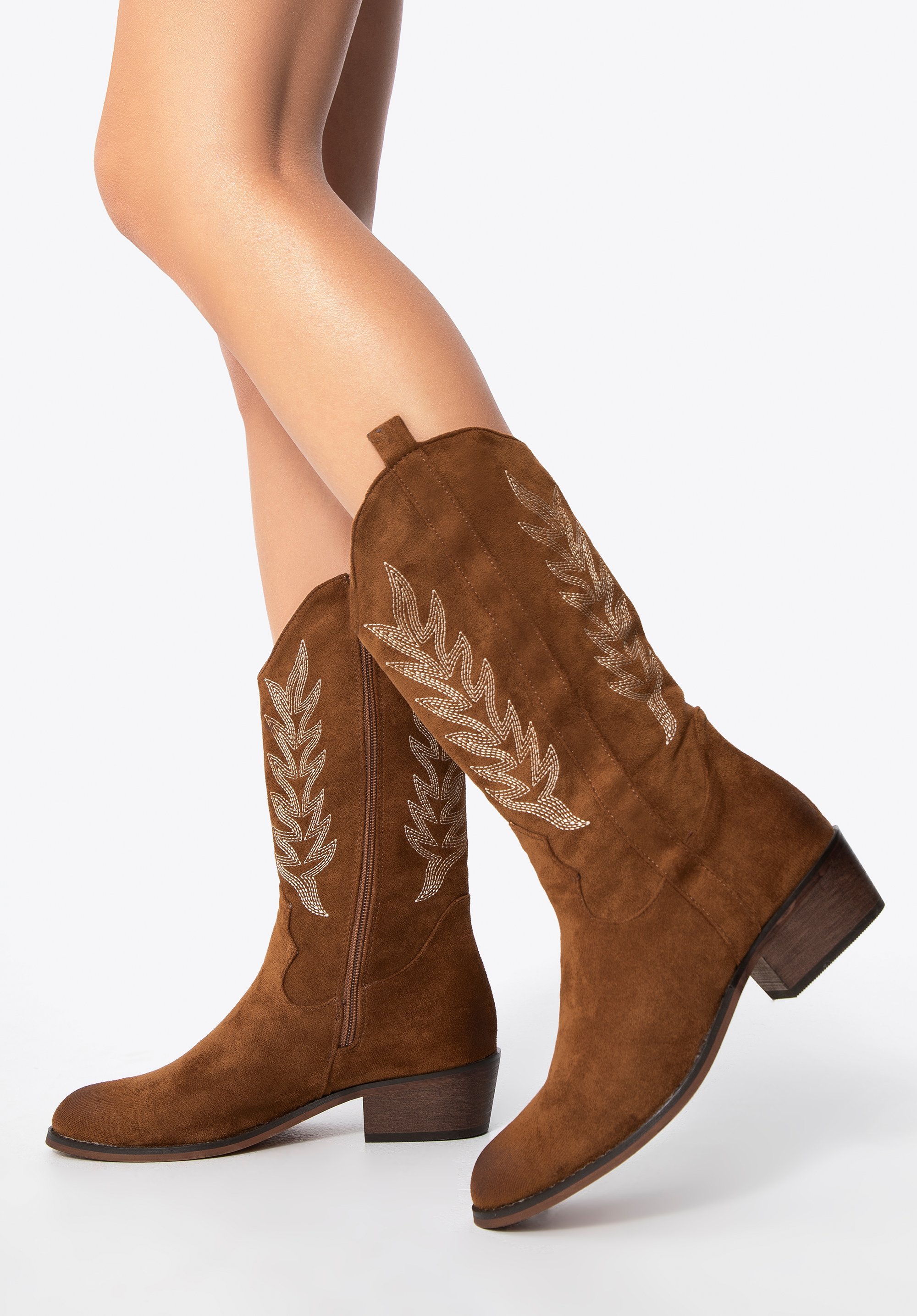 Жіночі ковбойські чоботи з контрастною вишивкою, коричневий, 97-DP-805-5-37, Фото 1