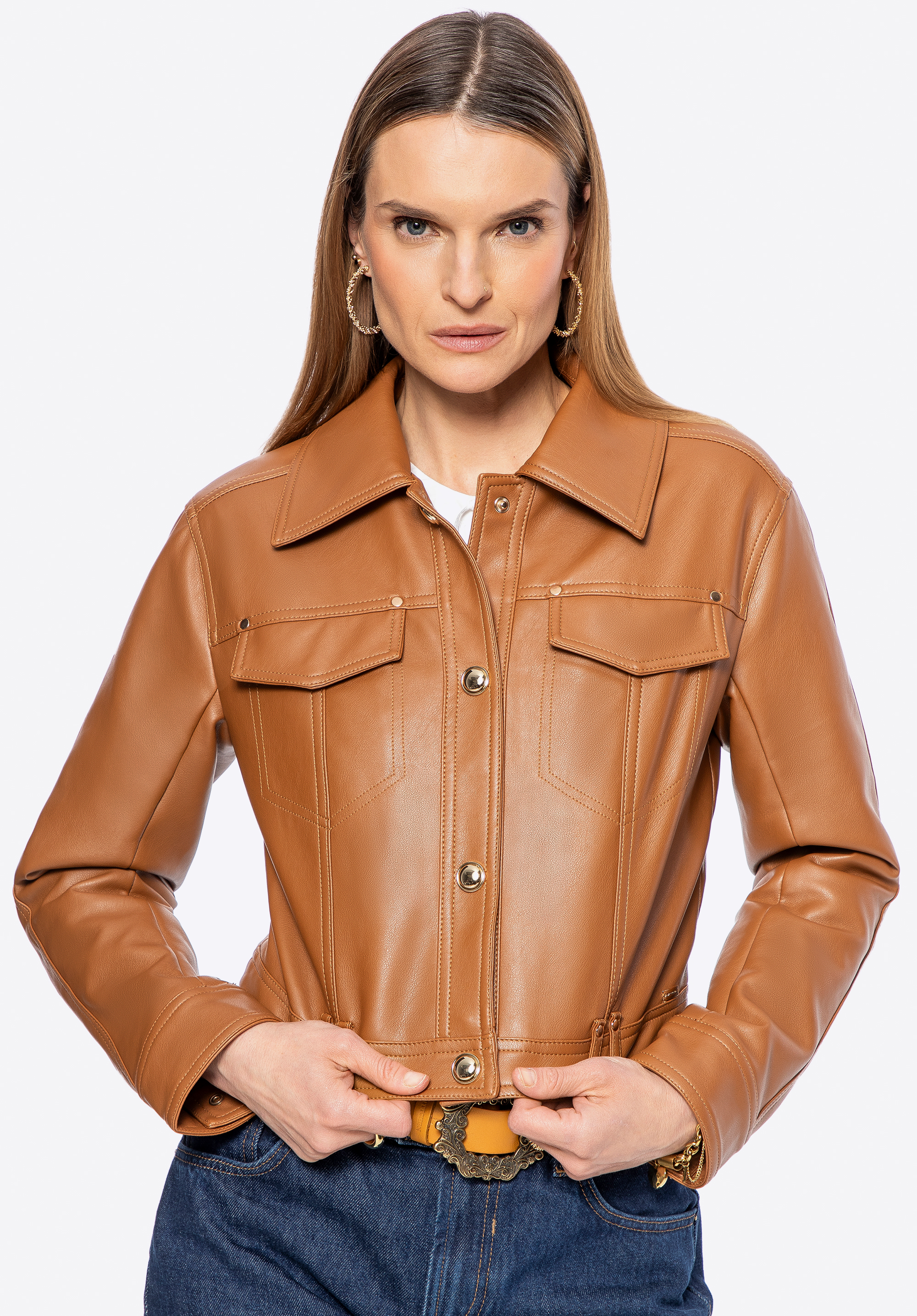 Жіноча куртка з екошкіри з нашивками, коричневий, 100-9P-103-4-2XL, Фото 1