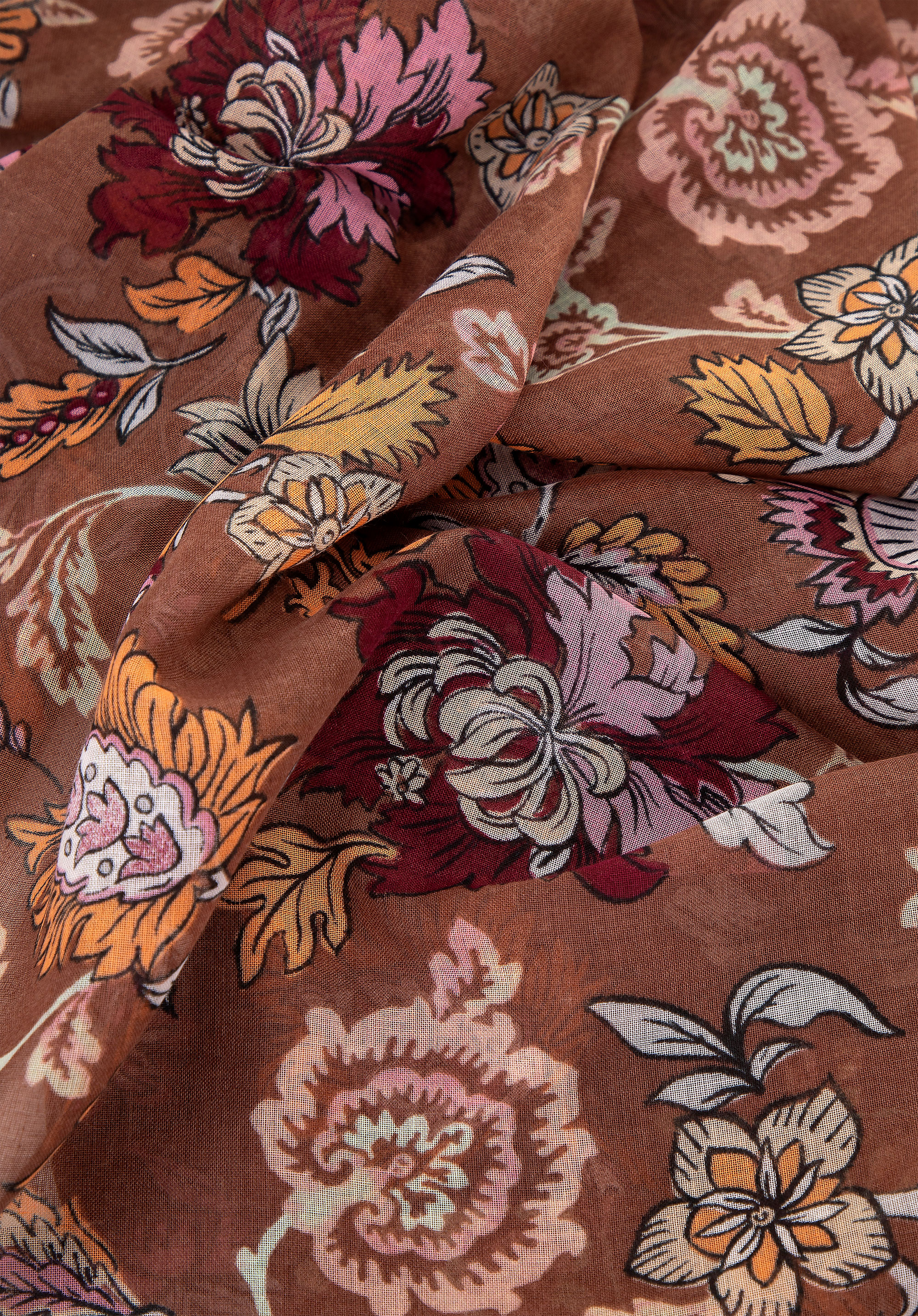 Жіночий шарф у квітковий візерунок, коричнево - помаранчевий, 100-7D-012-X4, Фото 1