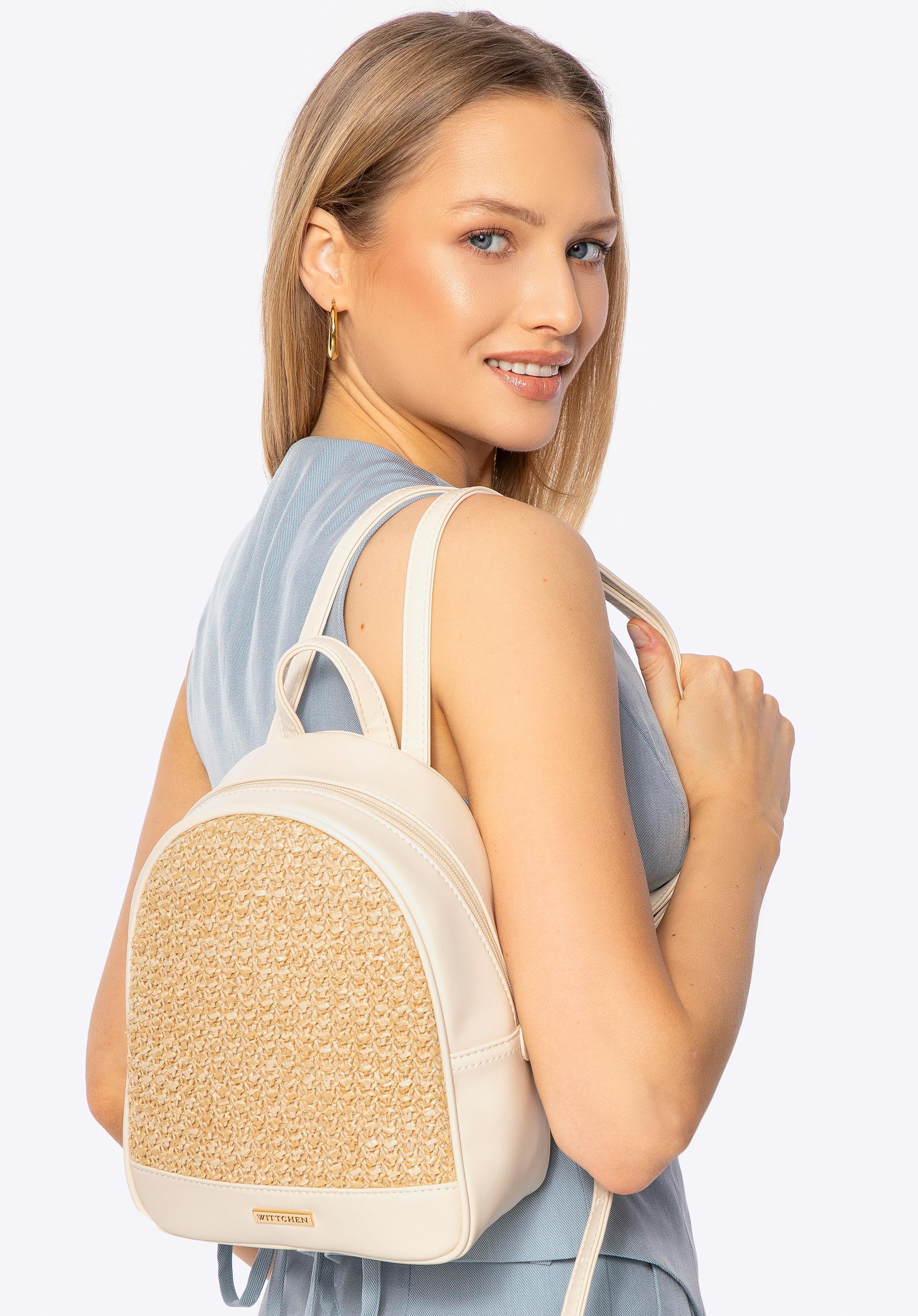 Női hátizsák szőtt részletekkel, krém-bézs, 100-4Y-413-91, Fénykép 1