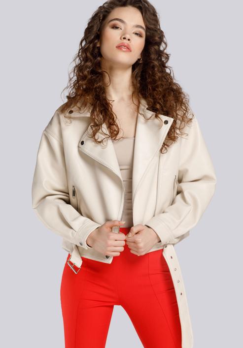 Oversize női ökobőr dzseki övvel, krém, 94-9P-100-0-M, Fénykép 2