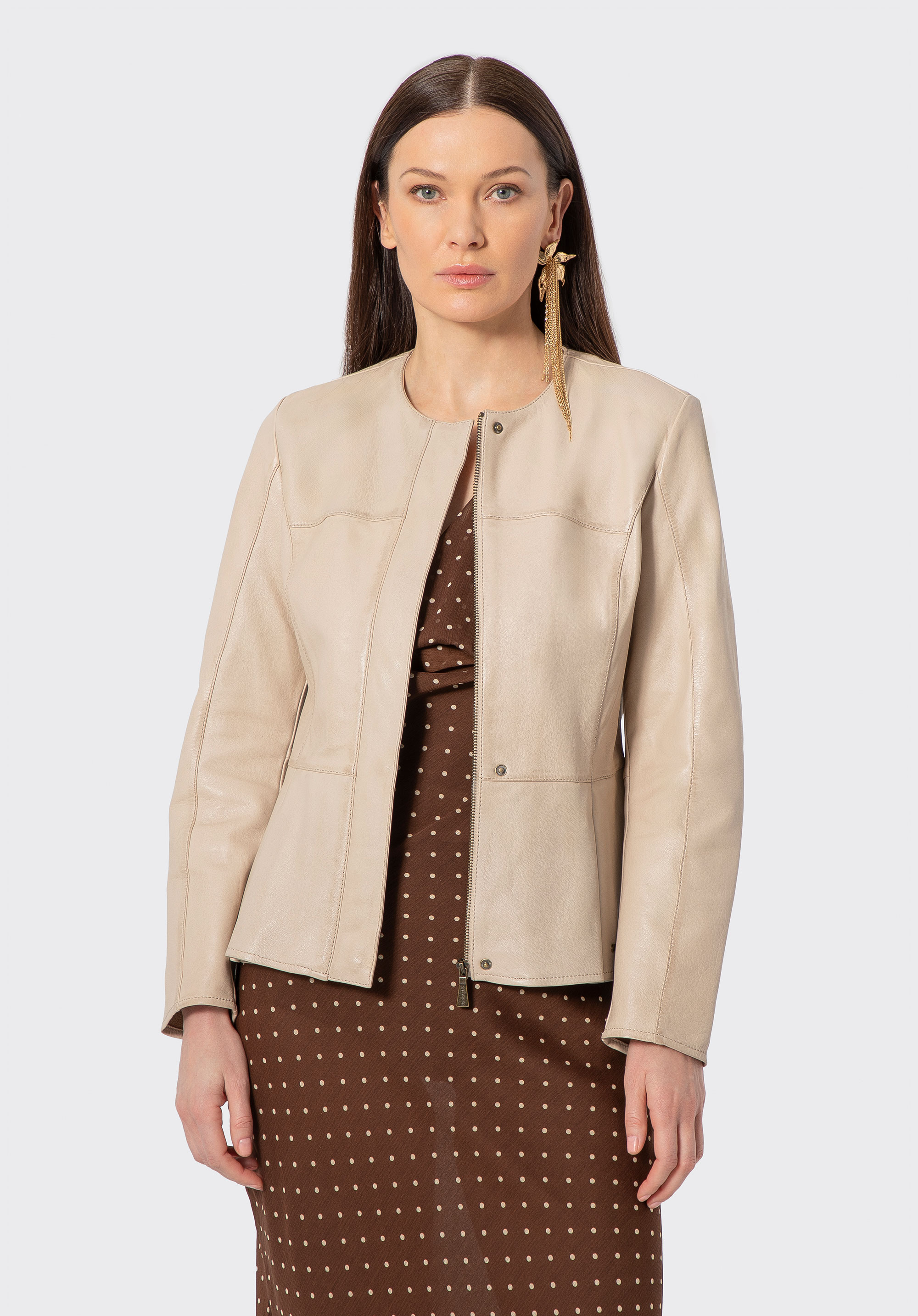 Női bőr peplum kabát, krém, 102-09-401-0-L, Fénykép 1