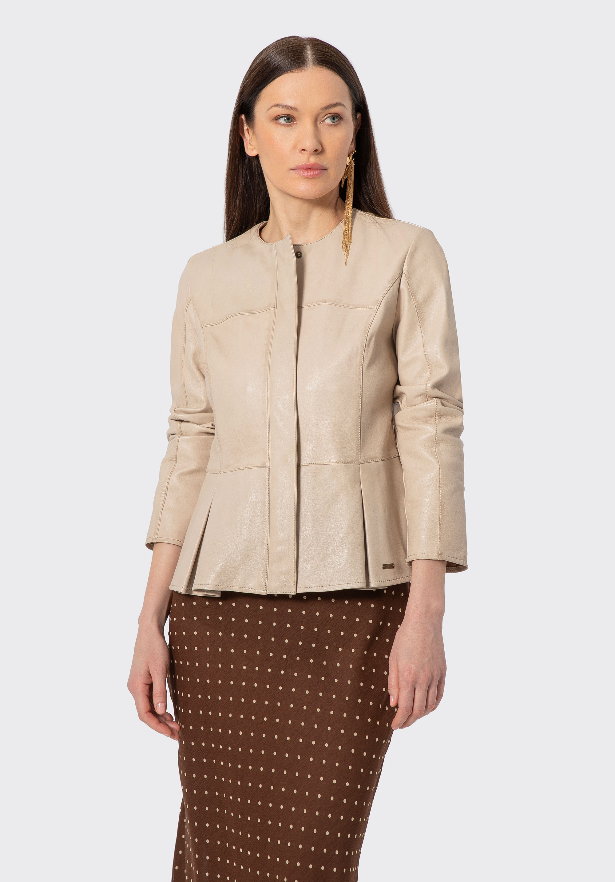 Női bőr peplum kabát, krém, 102-09-401-0-L, Fénykép 1