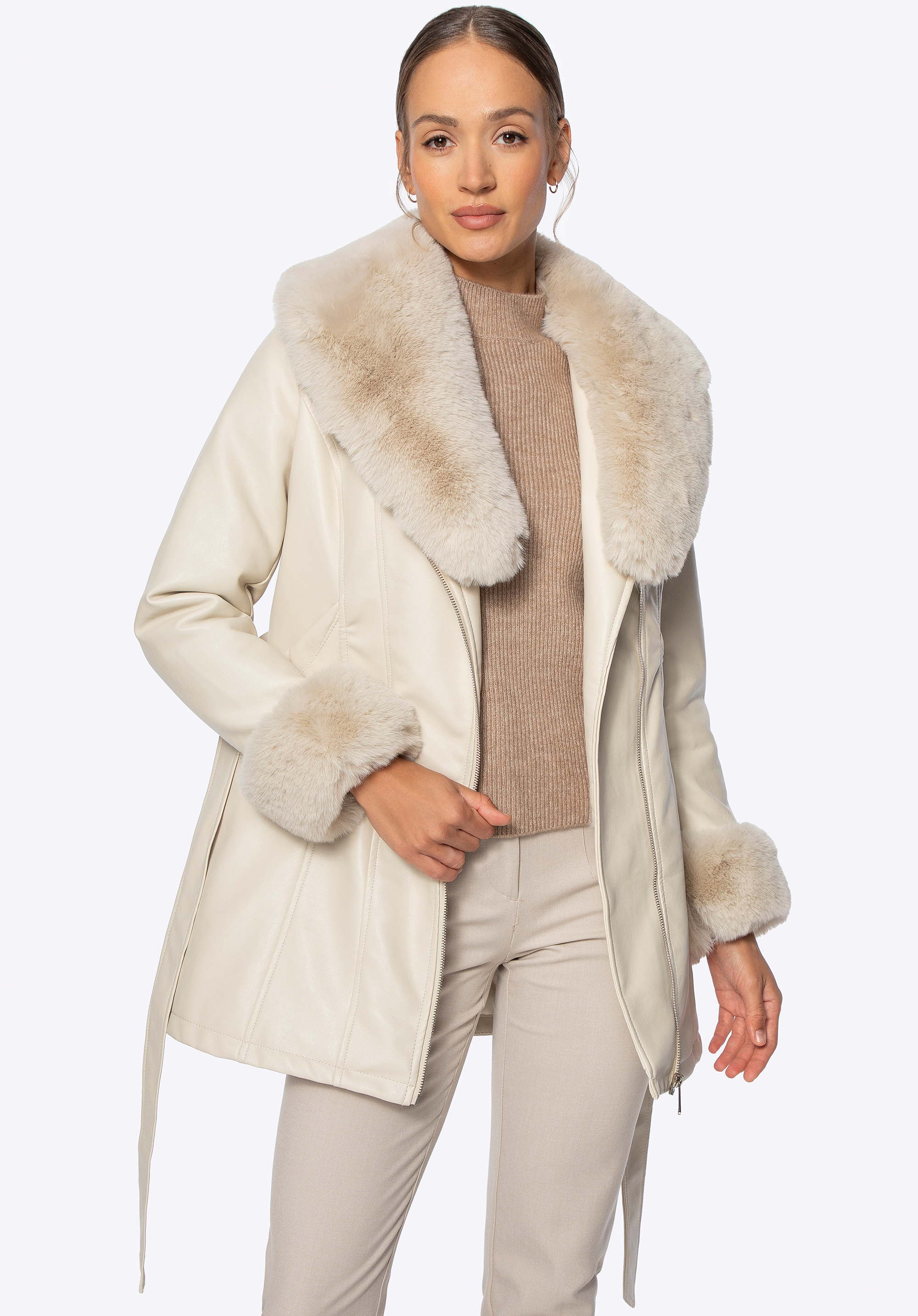 Női ökobőr kabát műszőrme gallérral és mandzsettával, krém, 101-9P-101-0-L, Fénykép 1