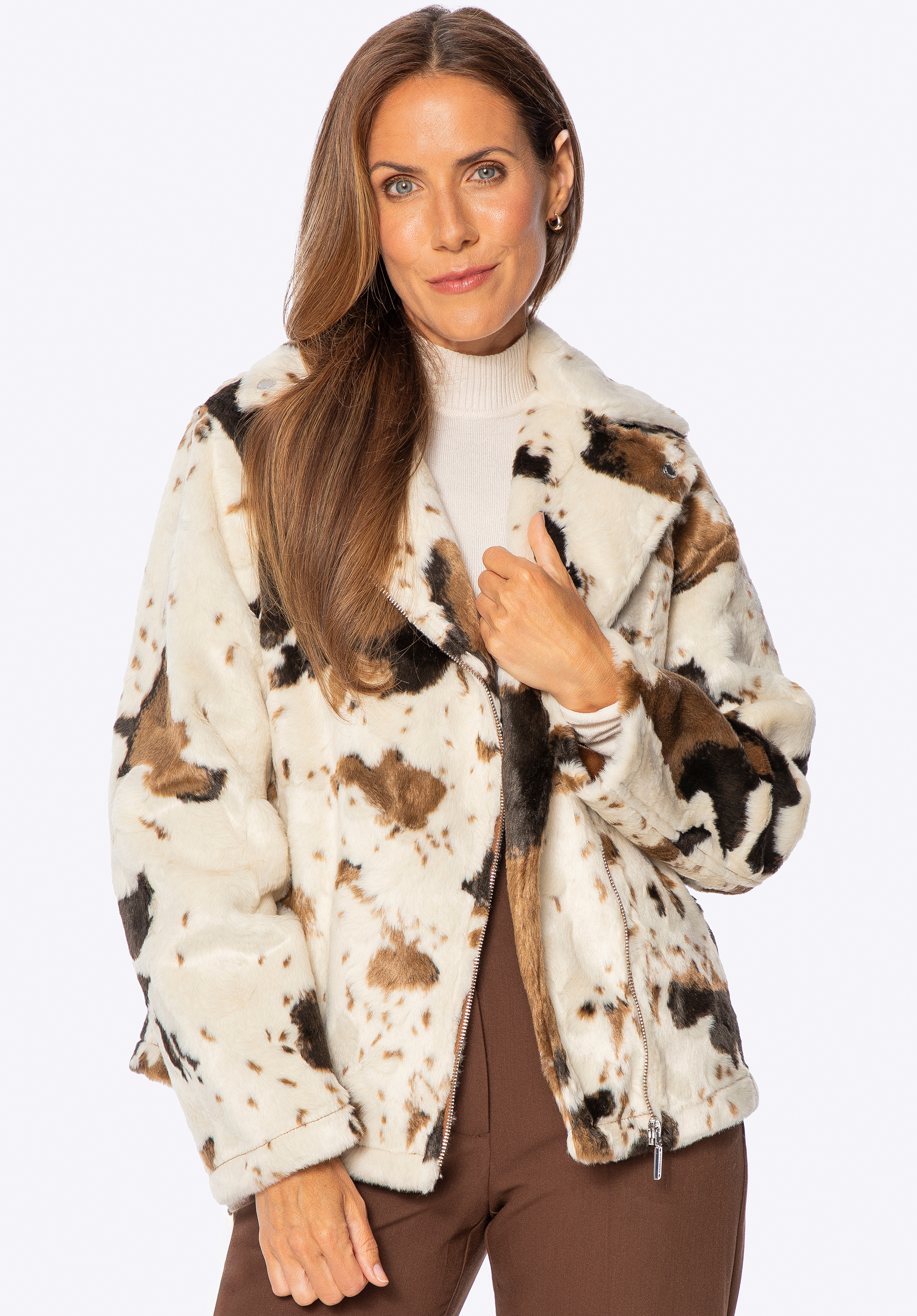 Női tehénmintás kabát, krémesbarna, 101-9W-902-0-XL, Fénykép 1