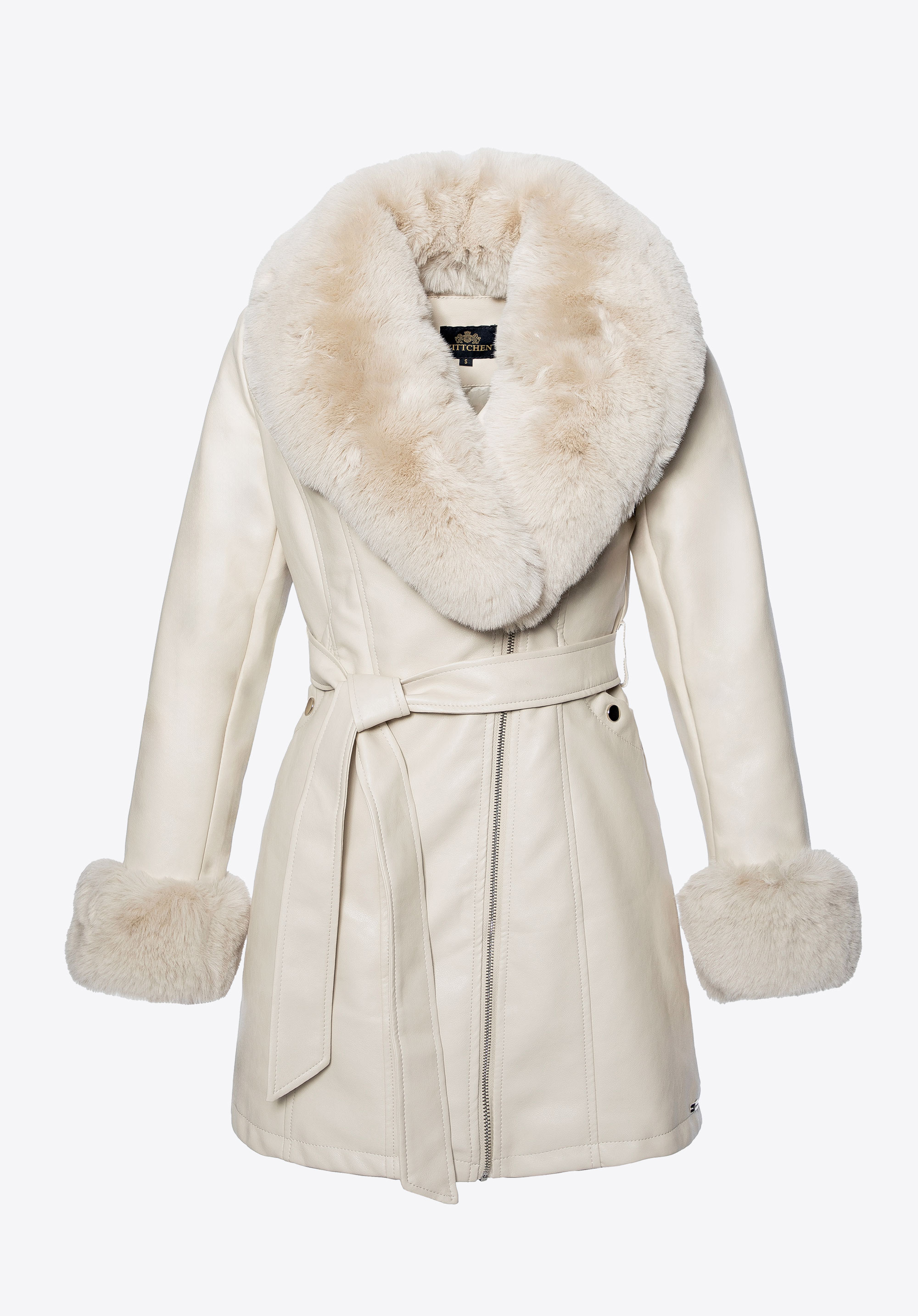 Dámska bunda z umelej kože s golierom a manžetami z umelej kožušiny, krémová, 101-9P-101-0-M, Obrázok 1