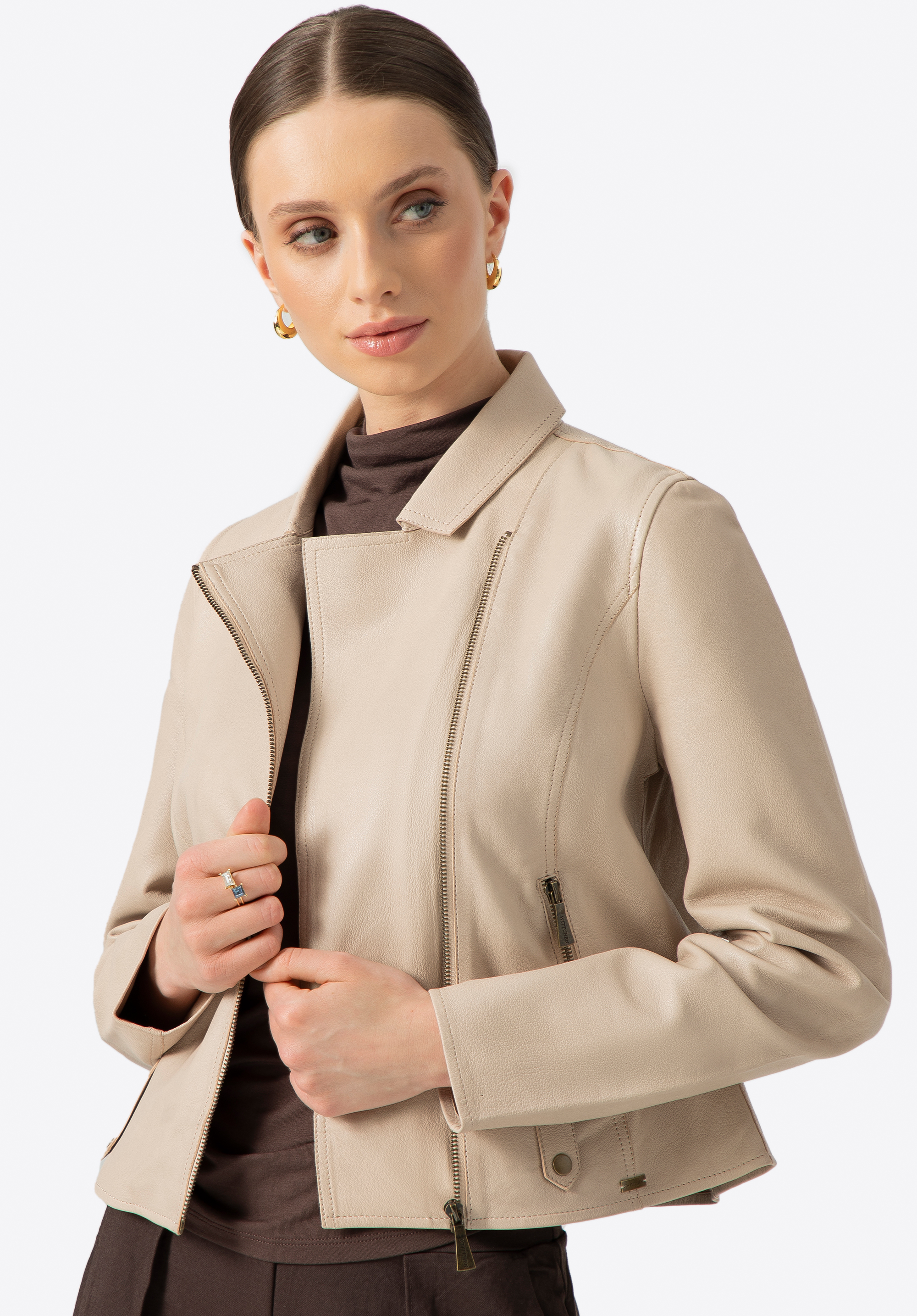 Dámska kožená bunda z ovčej kože, krémová, 100-09-400-0-L, Obrázok 1