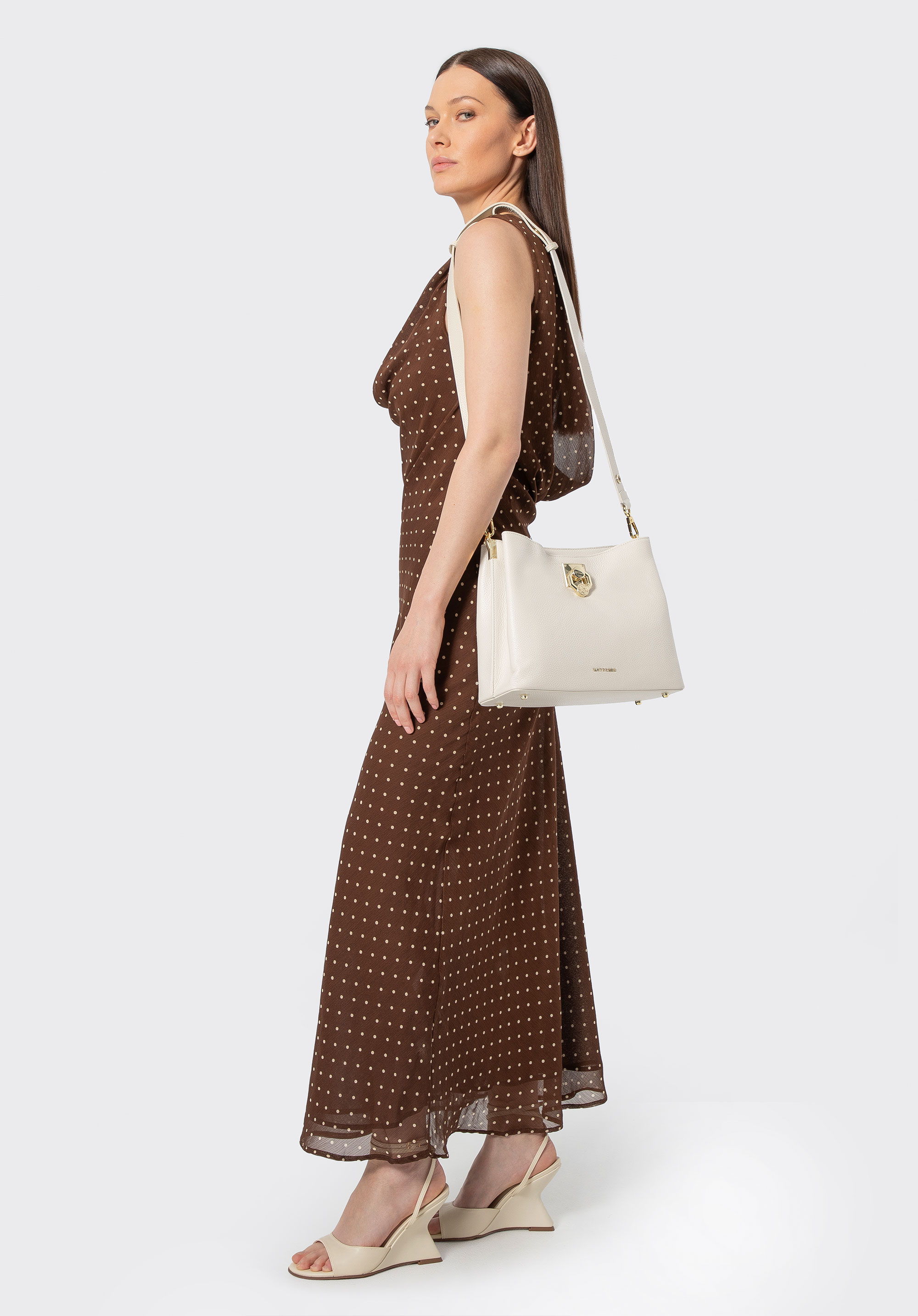 Dámská kožená kabelka přes rameno s přezkou, krémová, 100-4E-605-0, Obrázek 1