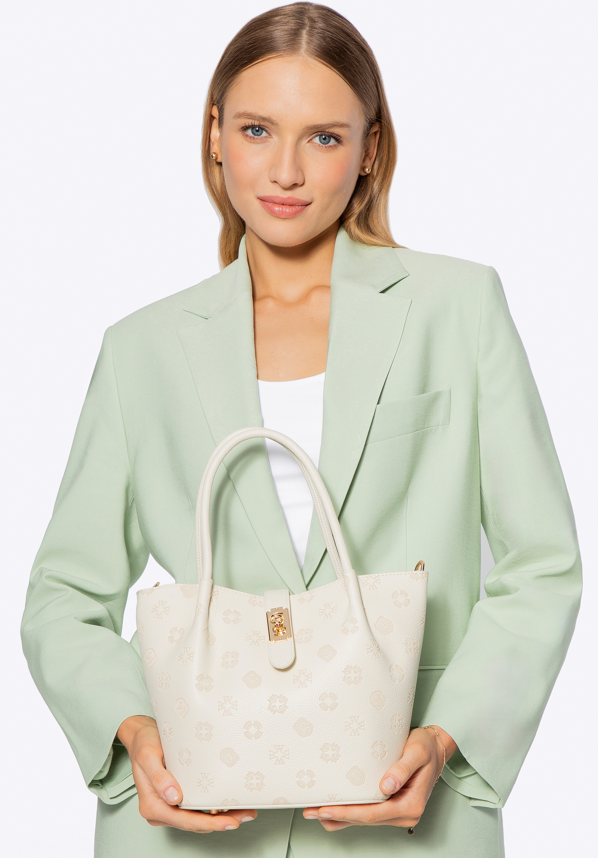 Dámska koženková kabelka s reliéfnym monogramom, krémová, 101-4Y-P00-0, Obrázok 1