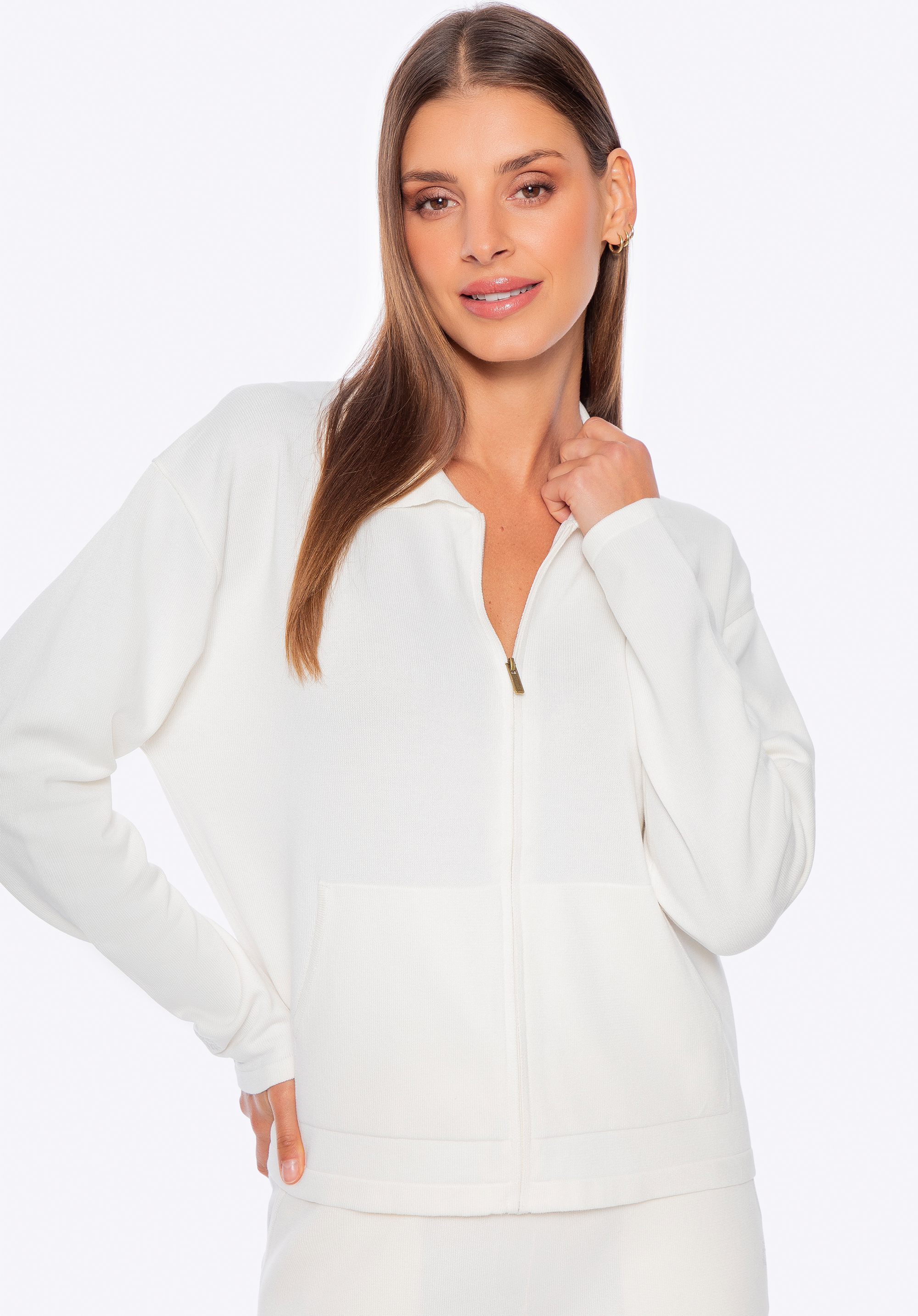 Dámská mikina na zip z viskózy a nylonu, krémová, 29-99-006-0-L, Obrázek 1