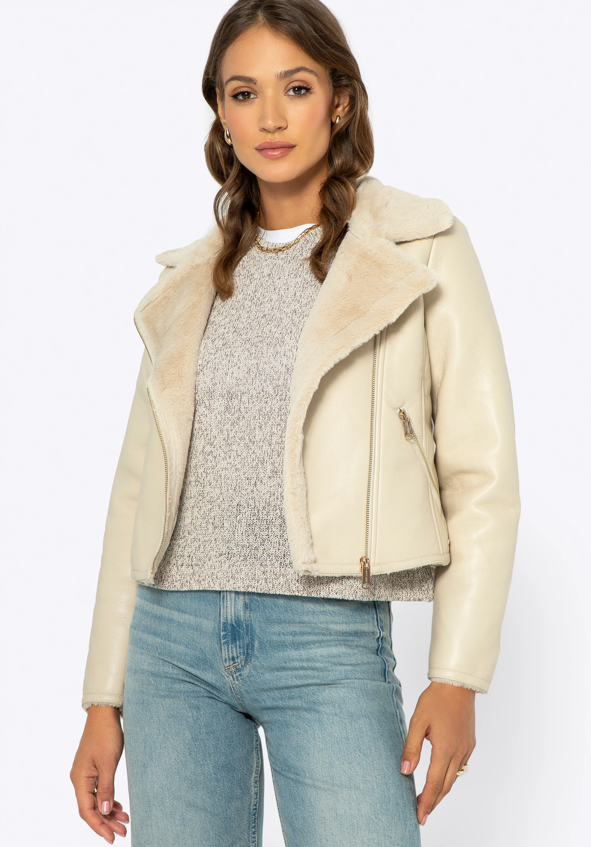 Dámská motorkářská bunda z umělé kůže s kožešinovým lemem, krémová, 99-9P-111-0-XL, Obrázek 1