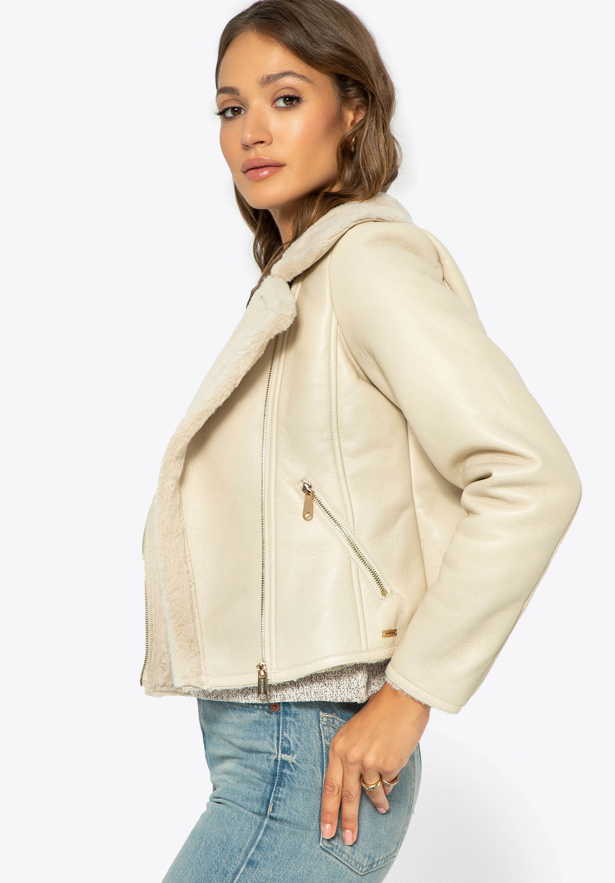 Dámská motorkářská bunda z umělé kůže s kožešinovým lemem, krémová, 99-9P-111-0-XL, Obrázek 1