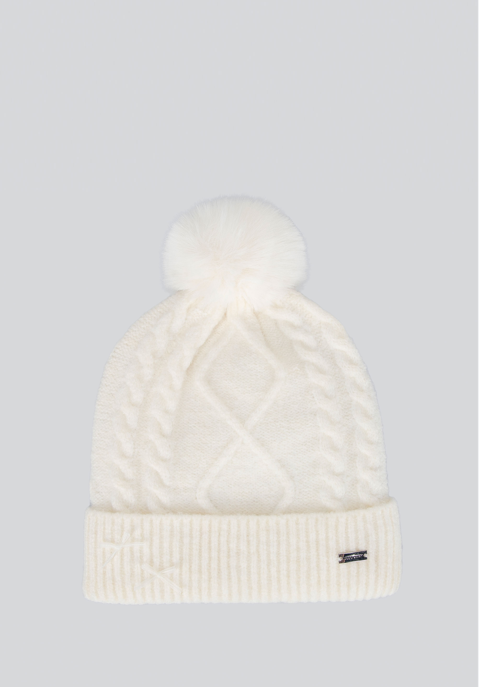 Dámská zimní čepice s bambulkami a mašlí, krémová, 101-HF-207-0, Obrázek 1