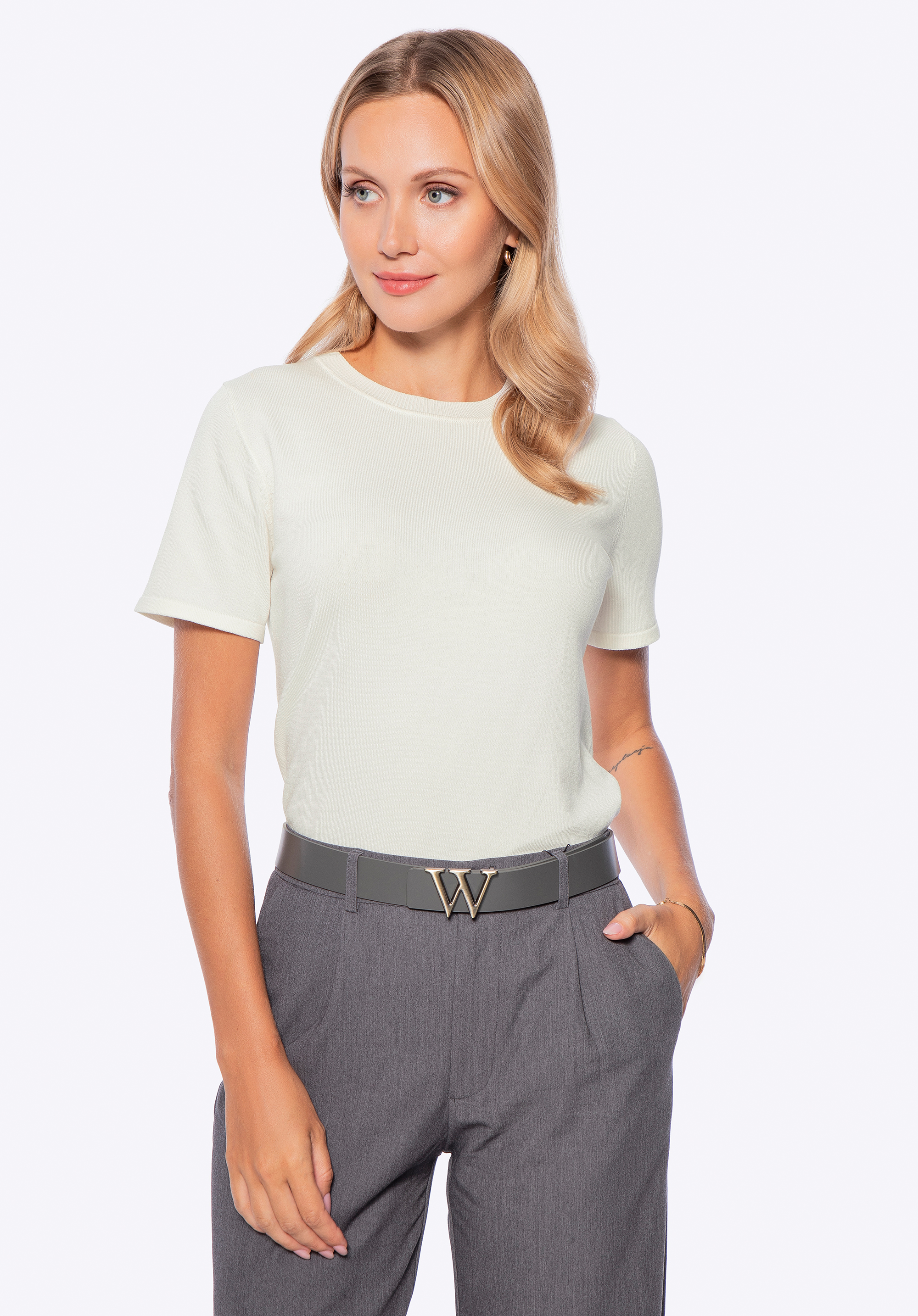 Dámsky sveter s krátkym rukávom z viskózy a nylonu, krémová, 29-99-004-0-M, Obrázok 1