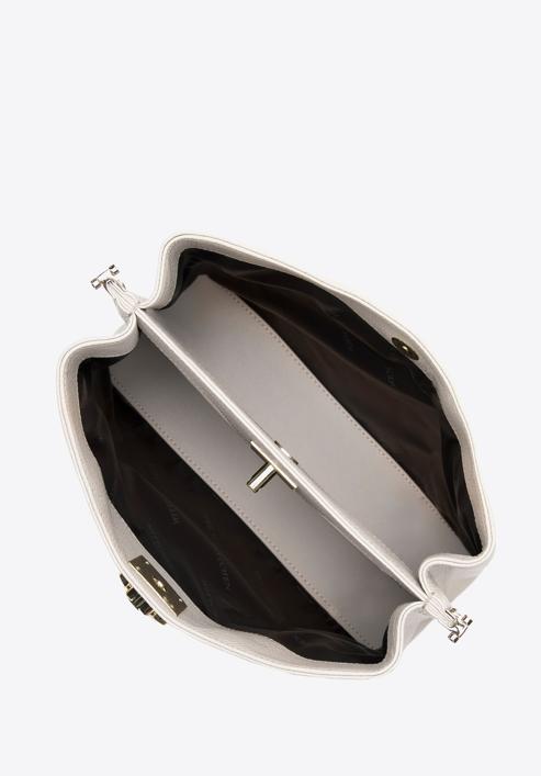 Dvoukomorová kožená kabelka s ozdobnou přezkou, krémová, 98-4E-614-1, Obrázek 4
