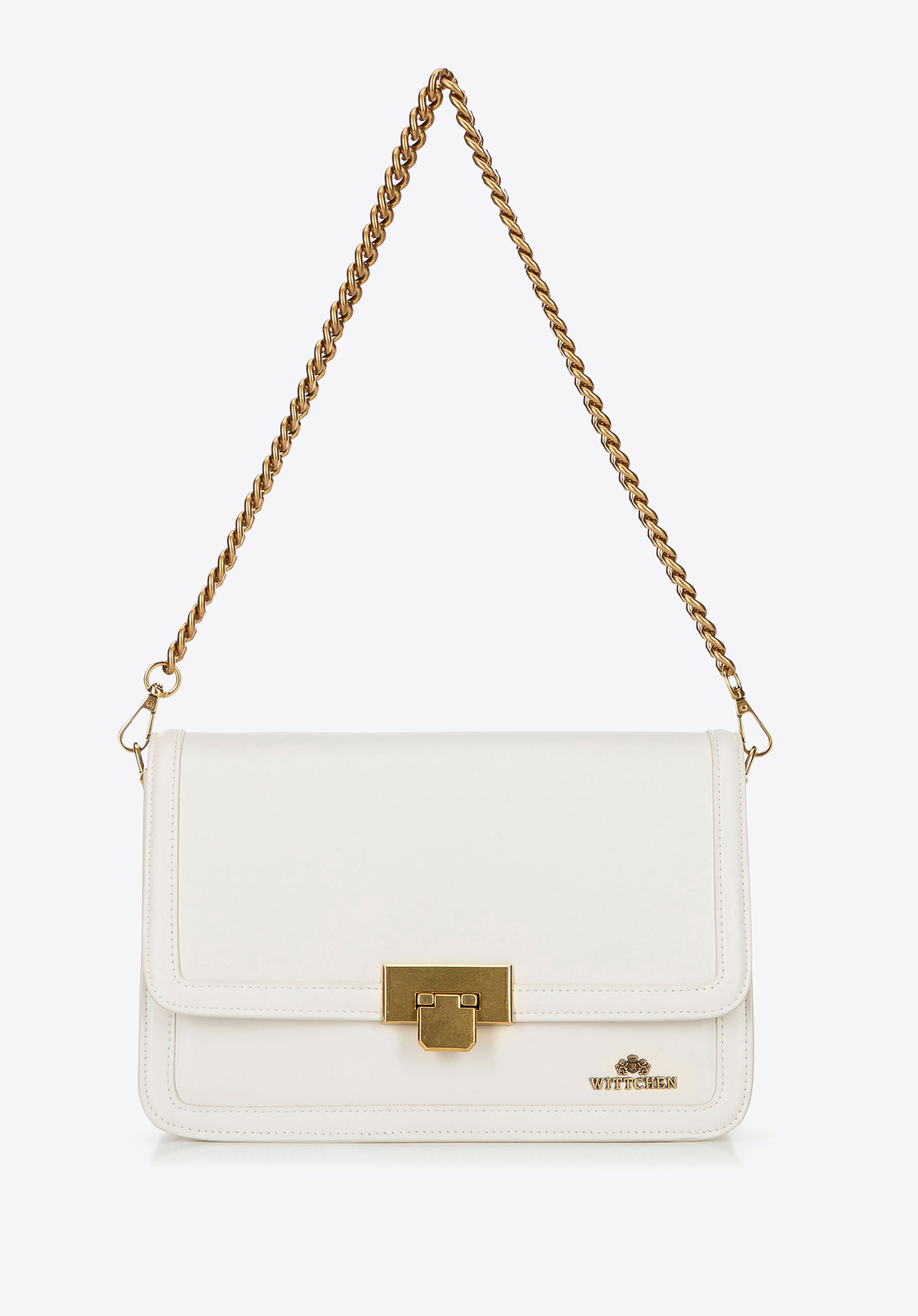 Kožená crossbody kabelka s odnímateľným retiazkovým popruhom, krémová, 100-4E-207-0, Obrázok 1