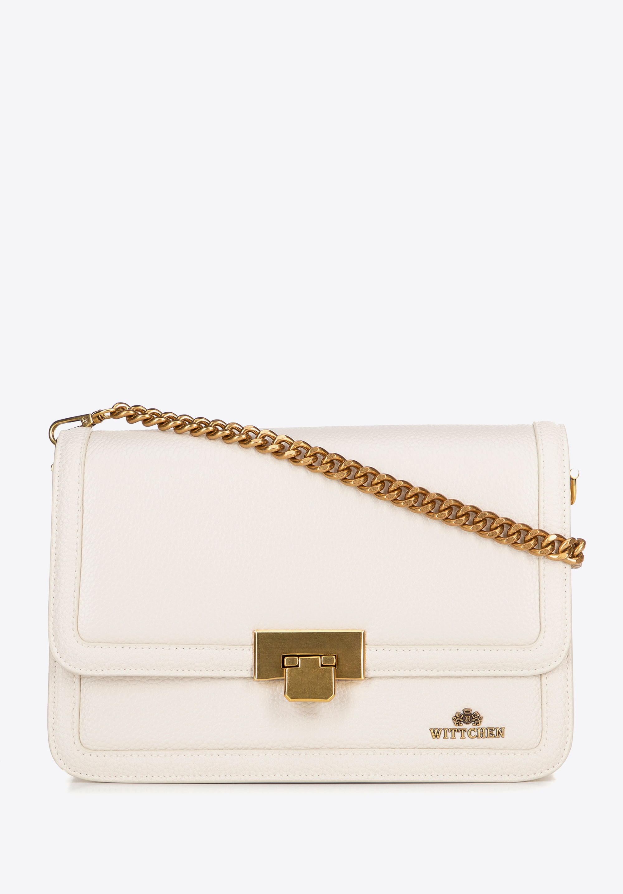 Kožená crossbody kabelka s řetízkovým popruhem přes rameno, krémová, 100-4E-206-0, Obrázek 1