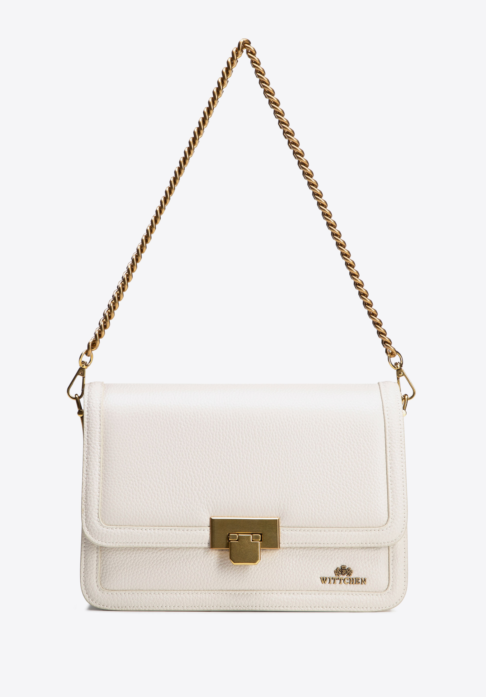 Kožená crossbody kabelka s řetízkovým popruhem přes rameno, krémová, 100-4E-206-0, Obrázek 1