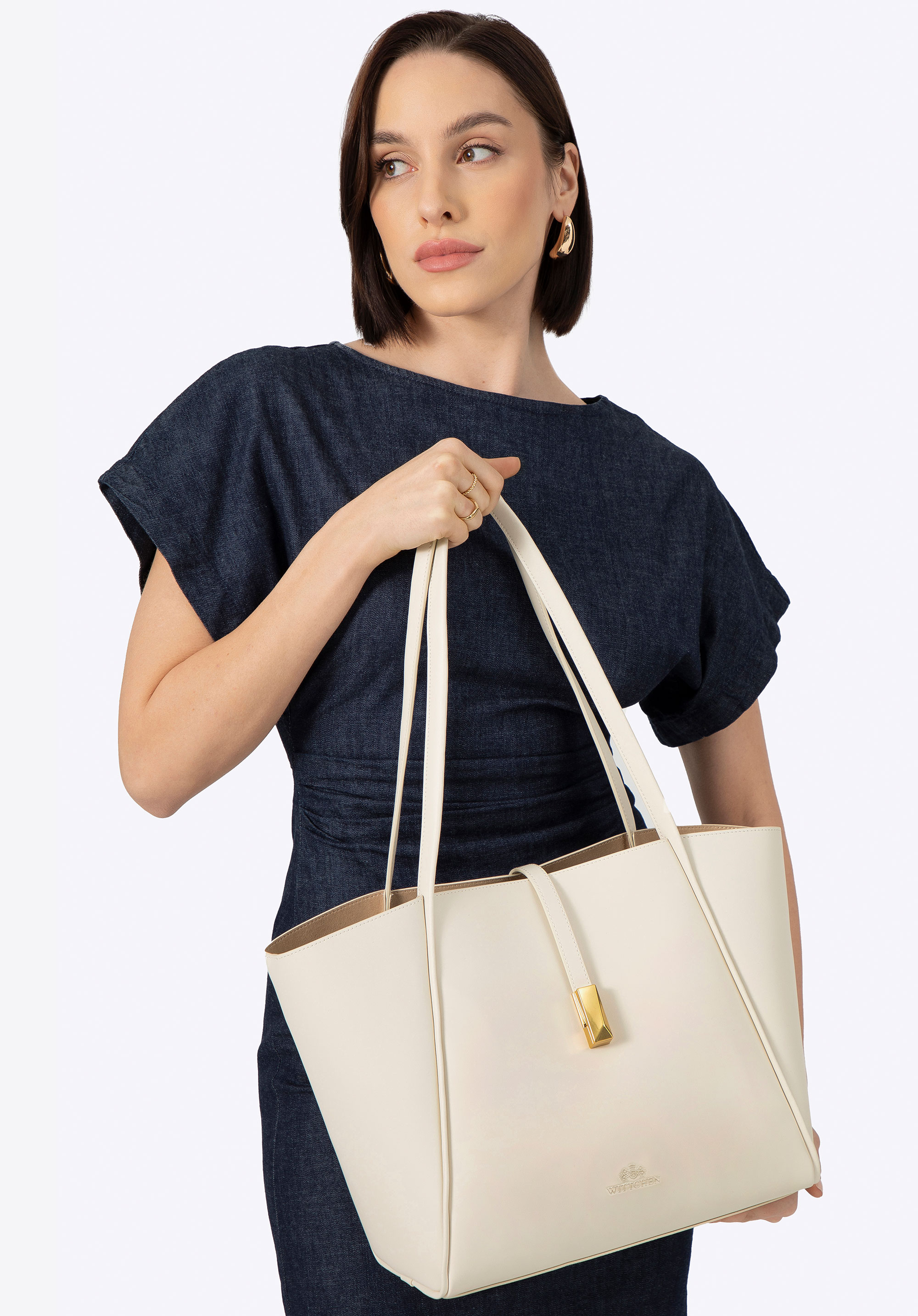 Dámská kožená kabelka s odnímatelnou kapsou, krémová, 100-4E-201-0, Obrázek 1