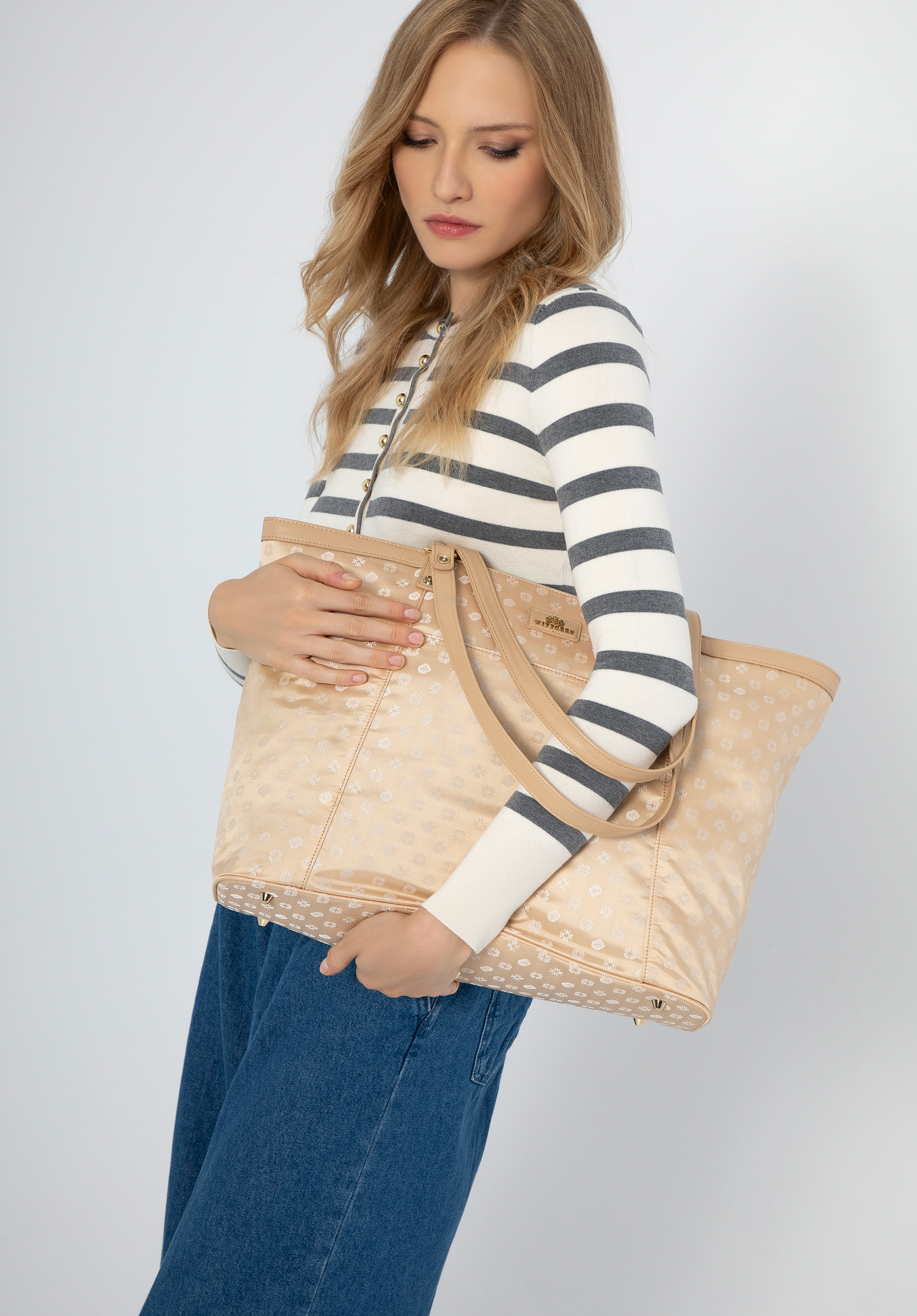 Žakárová shopper taška v monograme, krémová, 98-4E-905-0, Obrázok 1