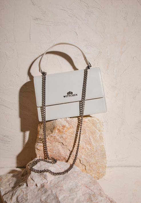 Klasická dámská kožená messenger taška s řetízkem, krémově stříbrná, 98-4E-624-6, Obrázek 30