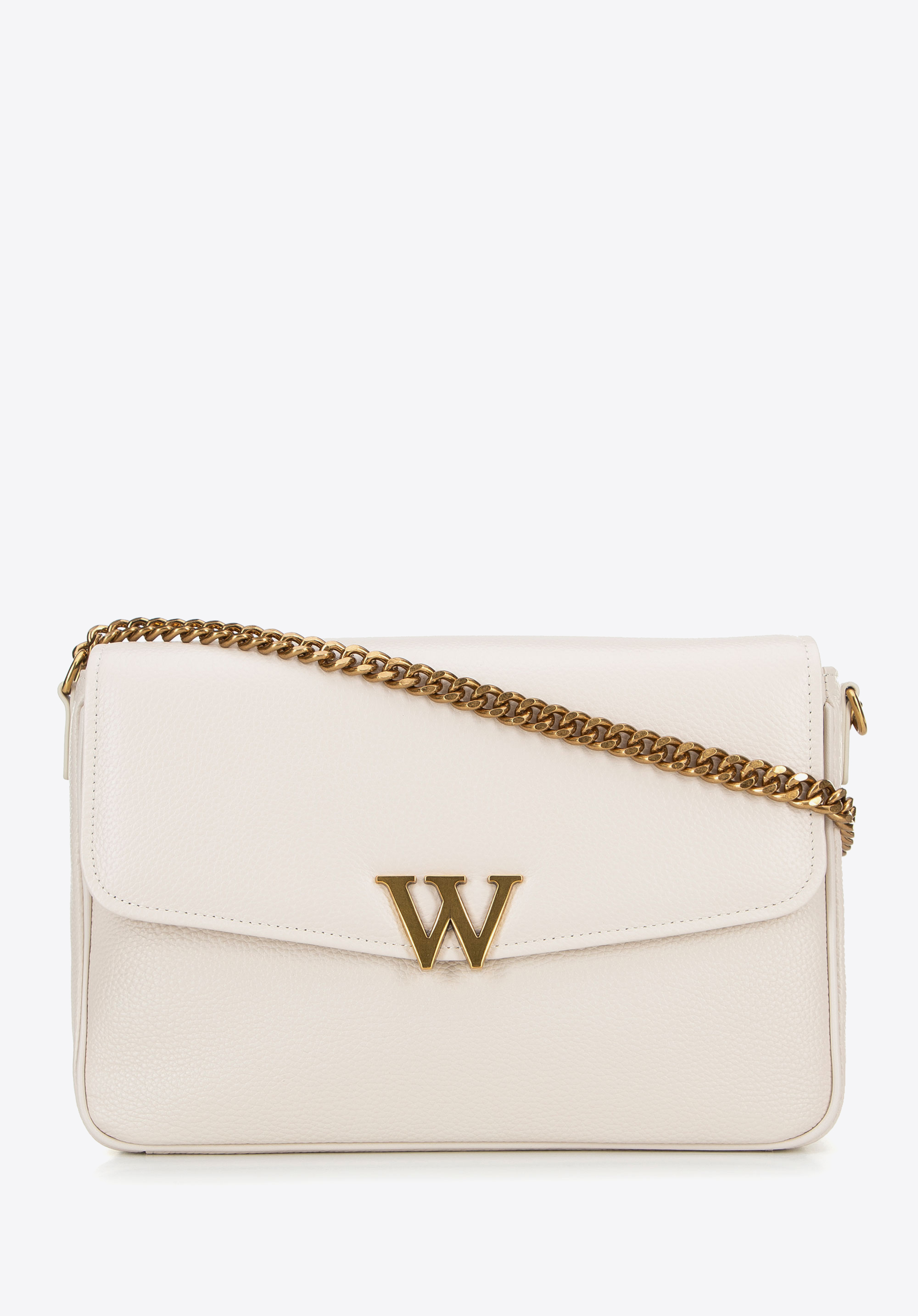 Жіноча шкіряна сумка через плече з декоративною застібкою, кремовий, 100-4E-213-0, Фото 1