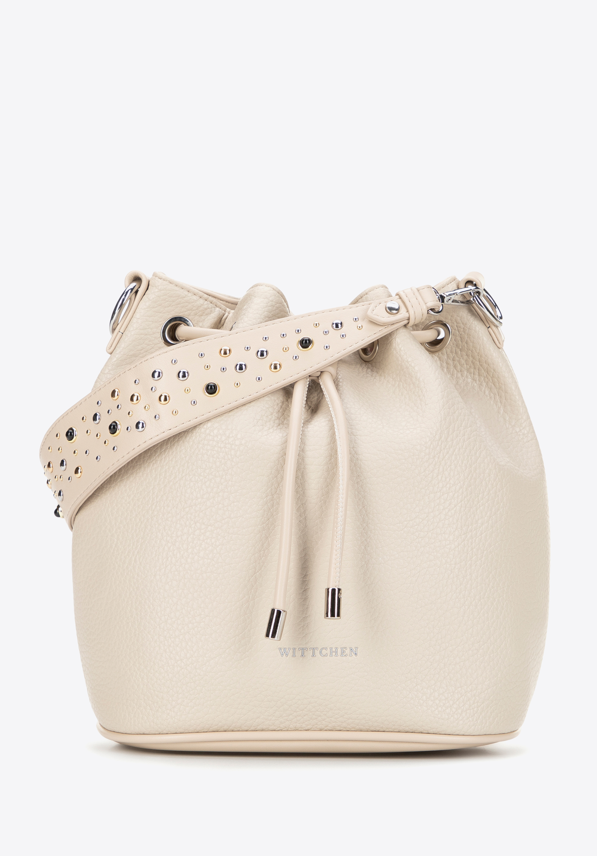 Жіноча сумка-хобо зі штучної шкіри з шипами, кремовий, 101-4Y-705-9, Фото 1