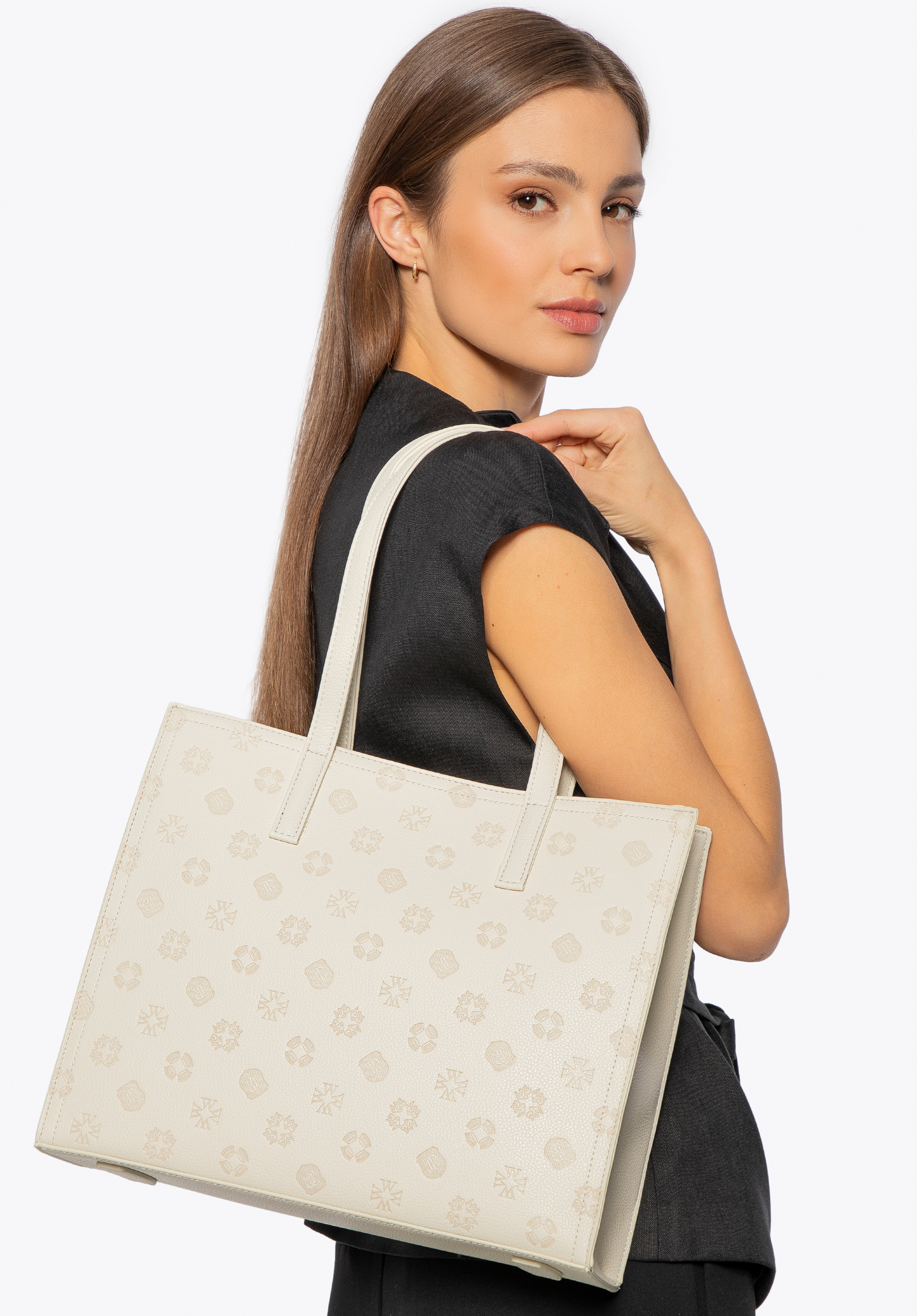 Жіноча сумка-шопер з екошкіри з тисненою монограмою, кремовий, 101-4Y-P04-0, Фото 1