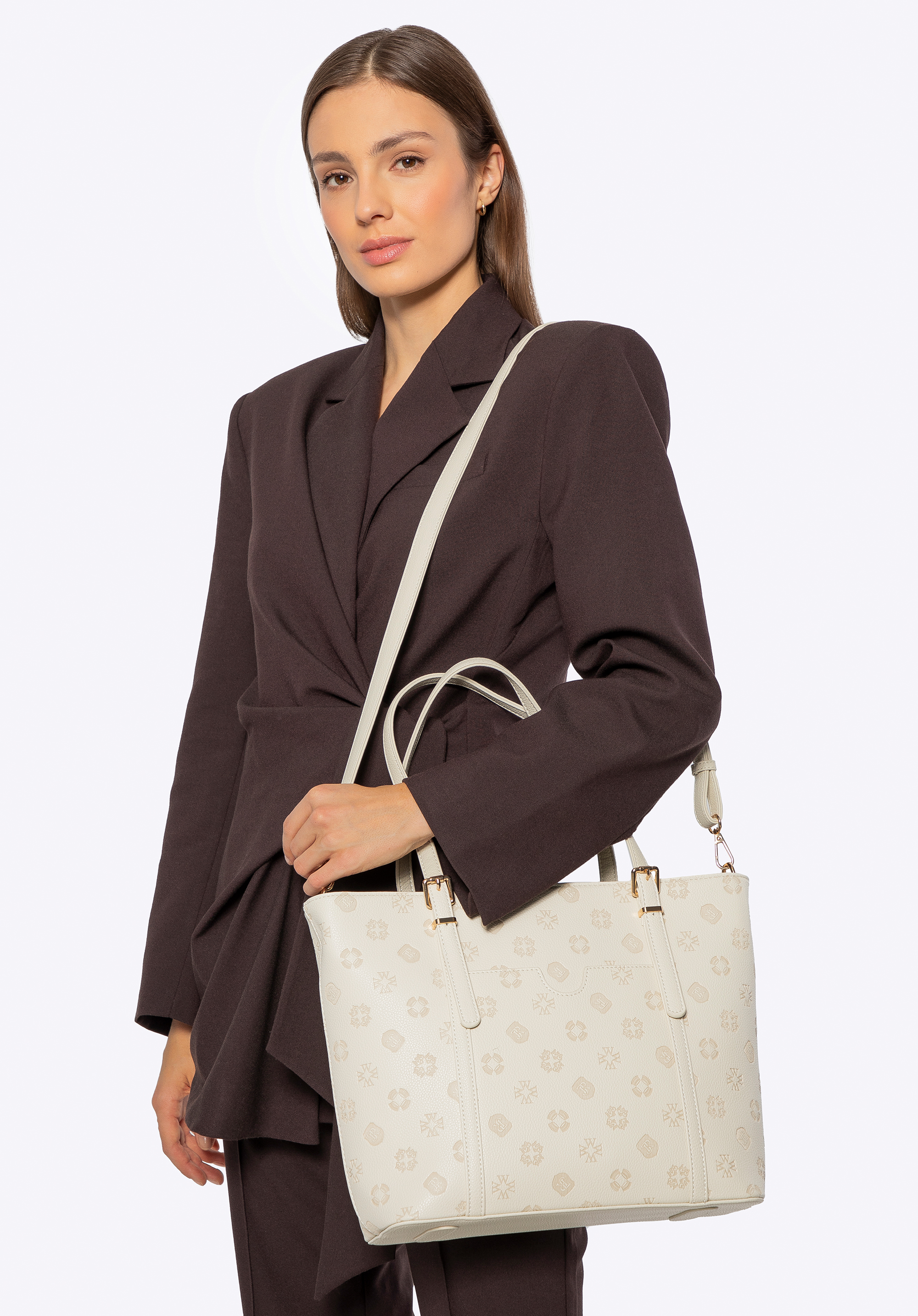 Жіноча сумка-шопер з екошкіри з тисненням, кремовий, 101-4Y-P05-0, Фото 1