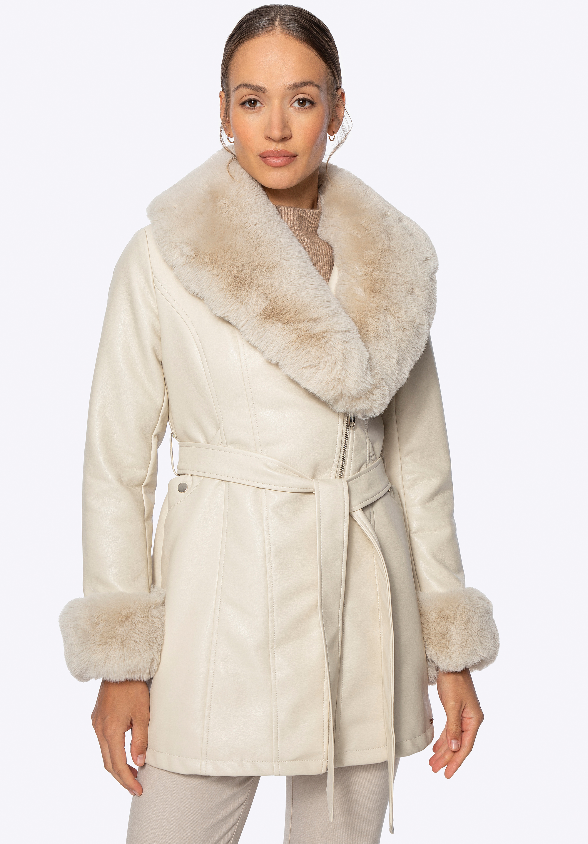 Жіноче пальто з екошкіри з хутряним коміром і манжетами, кремовий, 101-9P-101-0-M, Фото 1
